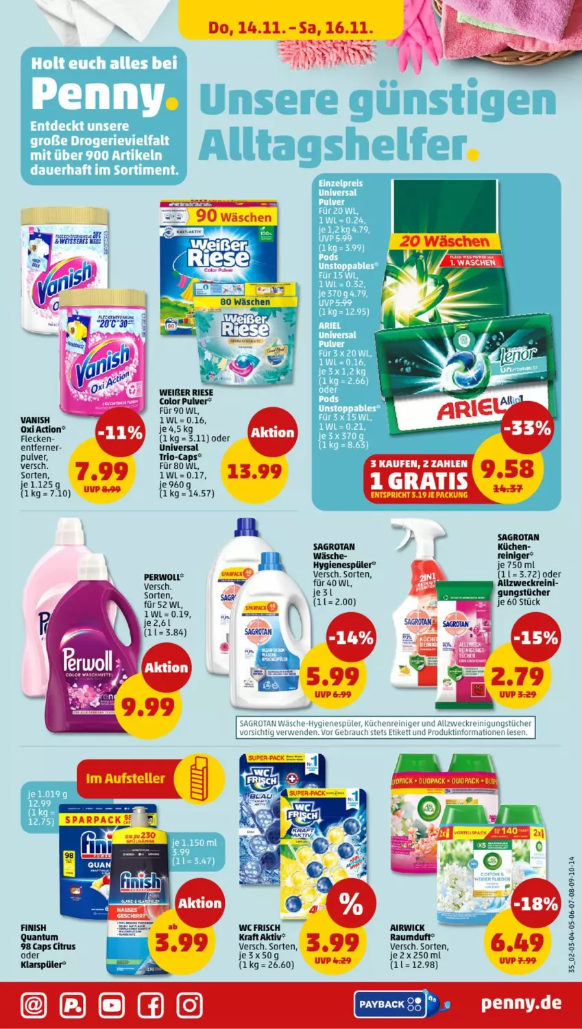 Aktueller Prospekt Penny - Prospekte - von 11.11 bis 16.11.2024 - strona 35 - produkty: airwick, ariel, auer, Cap, cin, citrus, Finish, hygienespüler, klarspüler, kraft, küche, Küchen, oxi action, perwoll, Pods, Rauch, Raumduft, reiniger, Reinigung, reinigungstücher, rwe, sagrotan, Ti, tücher, vanish, wc frisch, weck, WICK