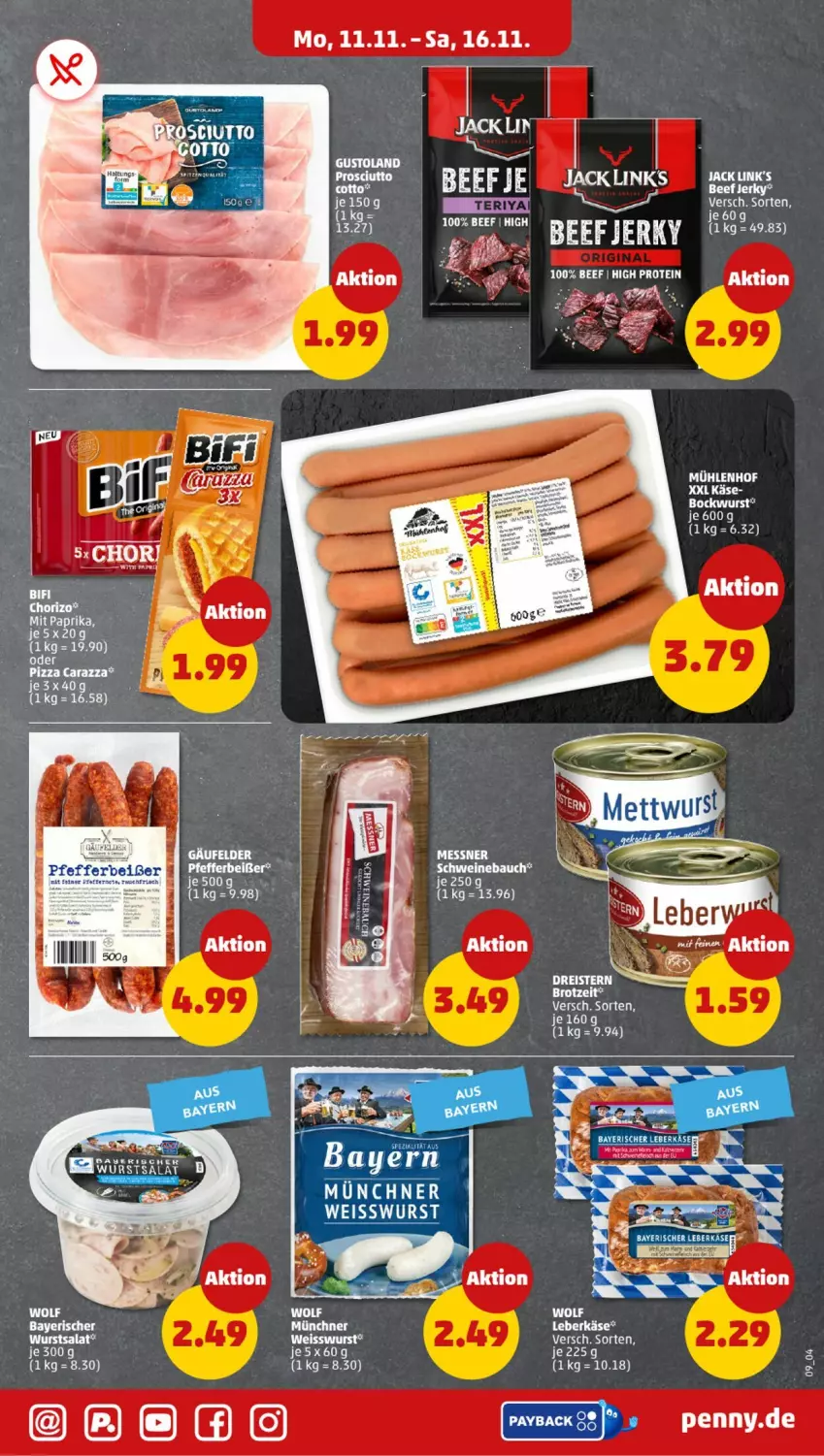 Aktueller Prospekt Penny - Prospekte - von 11.11 bis 16.11.2024 - strona 9 - produkty: Bau, beef, bockwurst, eis, Käse, pfeffer, Pfefferbeißer, schwein, schweine, Schweinebauch, Ti, wein, weine, wurst