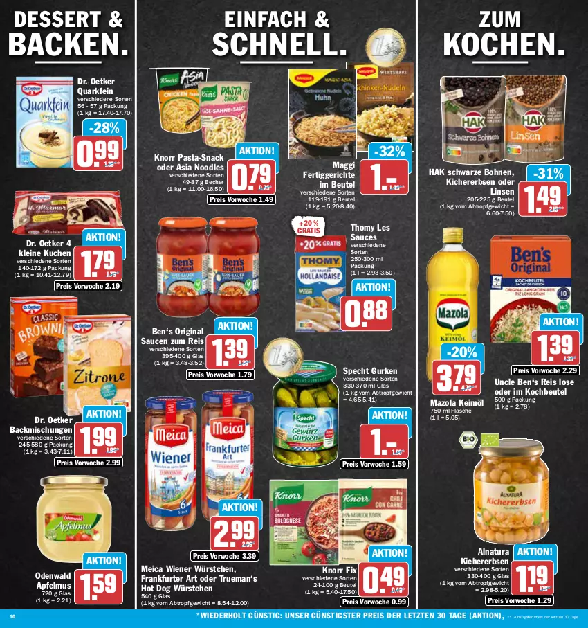 Aktueller Prospekt Aez - Prospekte - von 24.04 bis 29.04.2023 - strona 10 - produkty: apfel, apfelmus, backmischung, Backmischungen, Becher, beutel, bohne, bohnen, dessert, Dr. Oetker, eis, erbsen, fertiggericht, fertiggerichte, flasche, frankfurter, gin, gurke, gurken, hot dog, keimöl, kichererbsen, knorr, knorr fix, knorr pasta, kochbeutel, kuchen, leine, linsen, maggi, mazola, meica, natur, natura, odenwald, pasta, quark, reis, sauce, saucen, snack, specht, thomy, thomy les sauces, Ti, wiener, wiener würstchen, würstchen, ZTE