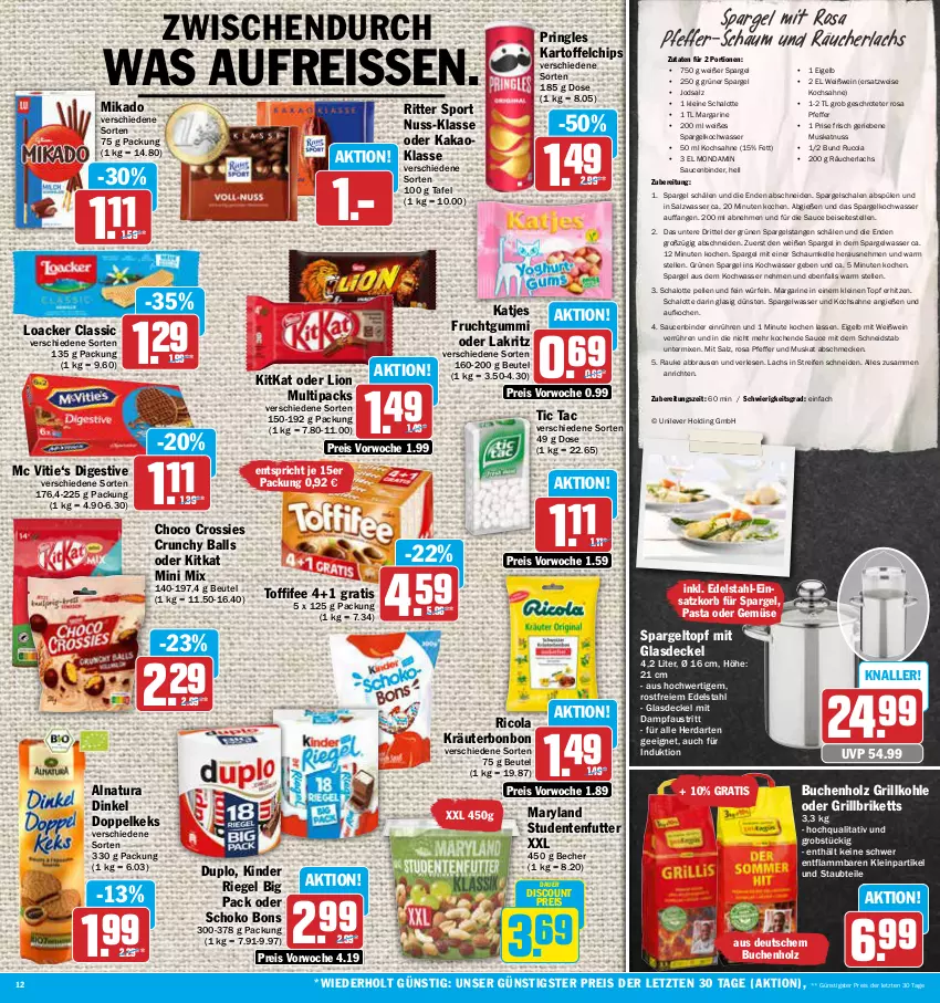 Aktueller Prospekt Aez - Prospekte - von 24.04 bis 29.04.2023 - strona 12 - produkty: Anrichte, auer, aust, ball, Becher, beutel, brause, briketts, buch, chips, choco crossies, cola, crossies, decke, Deckel, discount, duplo, edelstahl, eis, elle, ente, frucht, fruchtgummi, Glasdeckel, grill, grillbriketts, Grillkohle, grüner spargel, herdarten, Holz, kakao, kartoffel, kartoffelchips, katjes, keks, Kinder, kinder riegel, kitkat, korb, kräuter, lachs, Lakritz, lamm, leine, lion, margarine, mikado, mondamin, Muskatnuss, natur, natura, nuss, obst, oder lakritz, pasta, Pfau, pfeffer, pringles, Räucherlachs, reifen, reis, reiss, Ricola, riegel, ring, ritter, ritter sport, rucola, sahne, salz, sauce, saucen, Schal, Schale, Schalotte, schoko, spargel, Sport, Spülen, studentenfutter, Ti, toffifee, topf, wasser, wein, Weißwein, würfel, ZTE