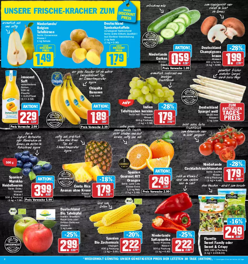 Aktueller Prospekt Aez - Prospekte - von 24.04 bis 29.04.2023 - strona 2 - produkty: ananas, auer, banane, bananen, beere, beeren, berliner, bio, Birnen, braun, champignon, champignons, champignons braun, chiquita, cocktail, cocktails, deutscher spargel, discount, eis, elle, flasche, fleisch, florette, frucht, früchte, fruchtfleisch, grill, gurke, gurken, heidelbeere, heidelbeeren, ideal zum grillen, Innocent, joghur, joghurt, kartoffel, kartoffeln, kracher, krone, kuchen, kühlschrank, LG, mais, nudel, Nudelgericht, nuss, obst, orange, orangen, paprika, Pfannkuchen, Rauch, reis, saft, salat, salate, Schal, Schale, Schrank, snack, spargel, speisekartoffeln, Spitzpaprika, strauchtomaten, Sweet Family, tafeläpfel, tafelbirnen, tafeltrauben, Ti, tisch, tomate, tomaten, trauben, vita, Vitamin C, ZTE, zucker, zuckermais