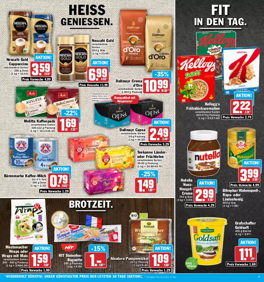 Aktueller Prospekt Aez - Prospekte - von 24.04 bis 29.04.2023 - strona 9 - produkty: baguette, bärenmarke, Becher, bihophar, brot, Cap, cappuccino, cerealien, cin, creme, dallmayr, dallmayr capsa, eis, espresso, früchte, Früchtetee, goldsaft, grafschafter, honig, kaffee, kaffeepads, mac, mais, melitta, mestemacher, milch, natur, natura, Nescafé, nescafé gold, nespresso, Nougatcreme, nuss, nutella, Ofen, Pumpernickel, reis, ritter, saft, steinofen, tee, teekanne, Ti, wrap, wraps, ZTE