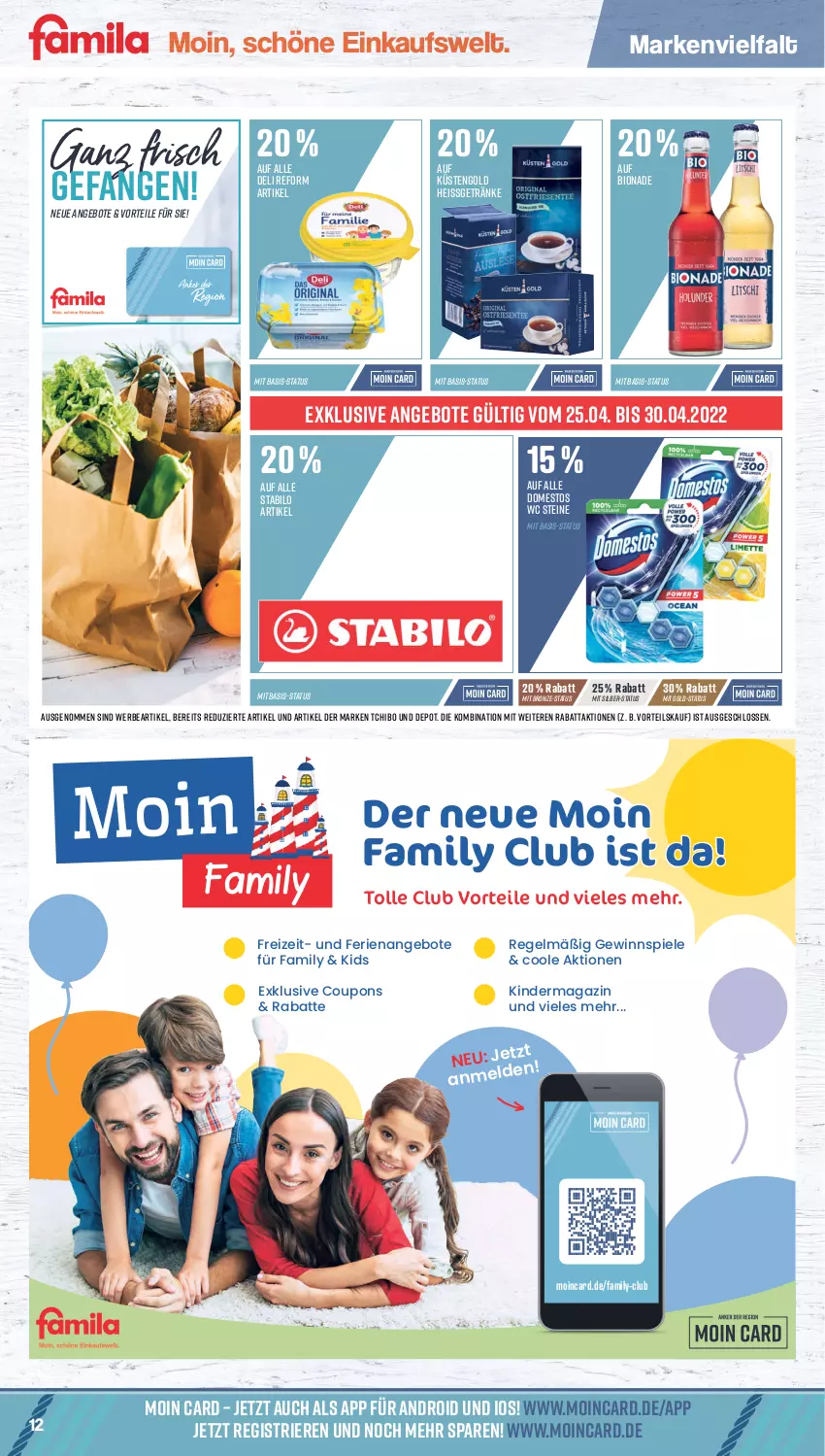 Aktueller Prospekt Famila - Prospekte - von 25.04 bis 30.04.2022 - strona 12 - produkty: angebot, angebote, bio, bionade, coupon, coupons, deli reform, domestos, getränk, getränke, gewinnspiel, Kinder, küstengold, magazin, Spiele, stabilo, Tchibo, Ti