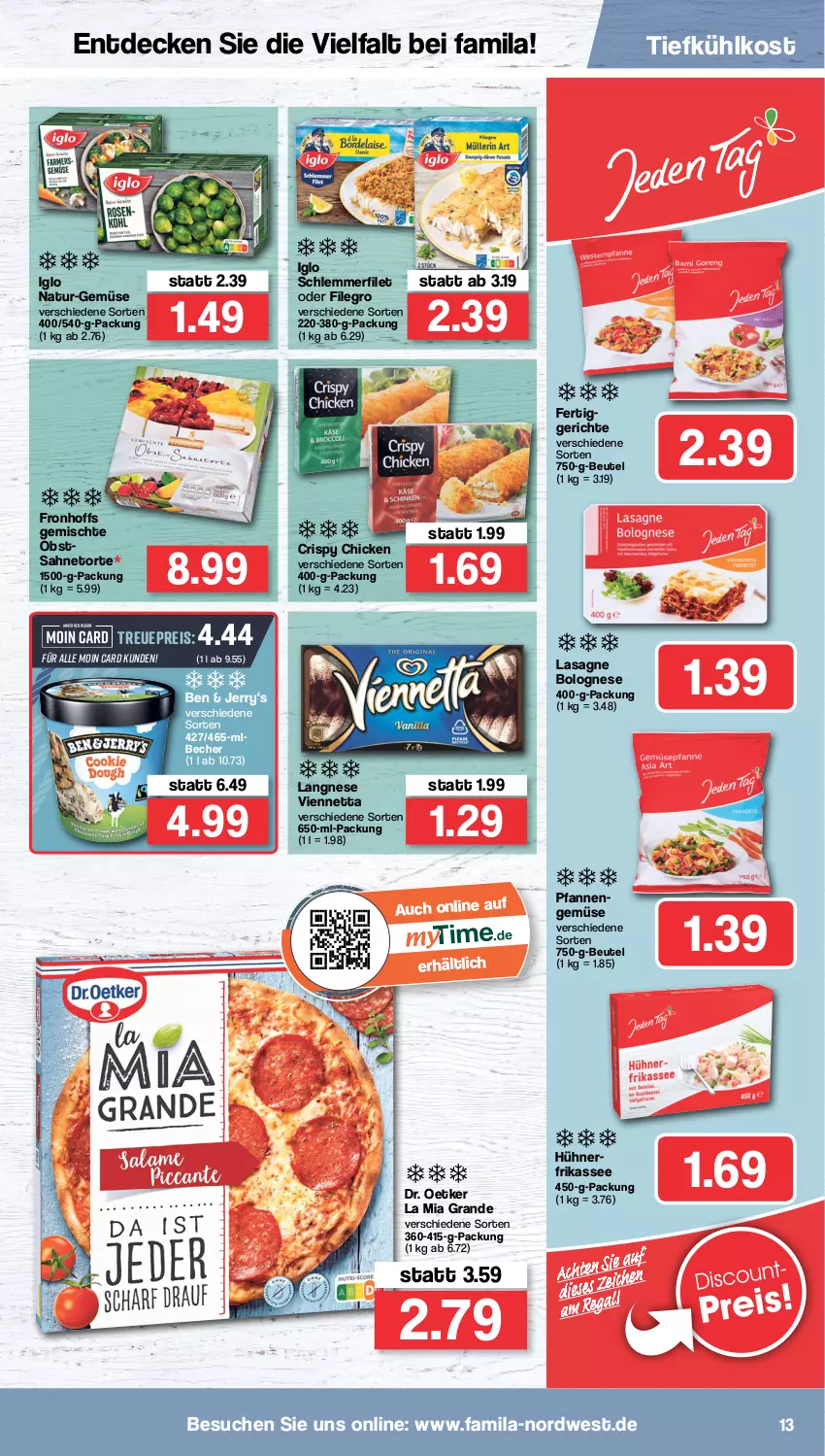 Aktueller Prospekt Famila - Prospekte - von 25.04 bis 30.04.2022 - strona 13 - produkty: Becher, beutel, bolognese, decke, Dr. Oetker, eis, filegro, filet, hühner, iglo, langnese, lasagne, natur, obst, pfanne, pfannen, reis, sahne, schlemmerfilet, Ti, tiefkühlkost, torte, viennetta