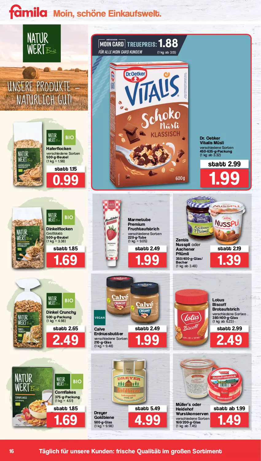 Aktueller Prospekt Famila - Prospekte - von 25.04 bis 30.04.2022 - strona 16 - produkty: aufstrich, Becher, beutel, biscoff, brot, brotaufstrich, butter, Dr. Oetker, eis, erdnuss, Erdnussbutter, flakes, frucht, fruchtaufstrich, hafer, haferflocken, Konserven, Müller, müsli, nuss, nusspli, reis, Ti, vita, vitalis, vitalis müsli, wurst, wurstkonserven, zentis