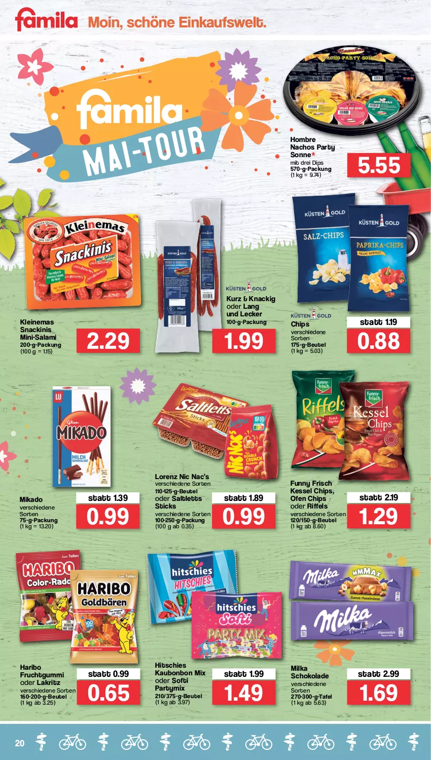 Aktueller Prospekt Famila - Prospekte - von 25.04 bis 30.04.2022 - strona 20 - produkty: beutel, chips, dip, frucht, fruchtgummi, Funny Frisch, haribo, Lakritz, leine, lorenz, mikado, milka, milka schokolade, Mini-Salami, nacho, Nachos, oder lakritz, Ofen, salami, saltletts, schoko, schokolade, snack, Ti