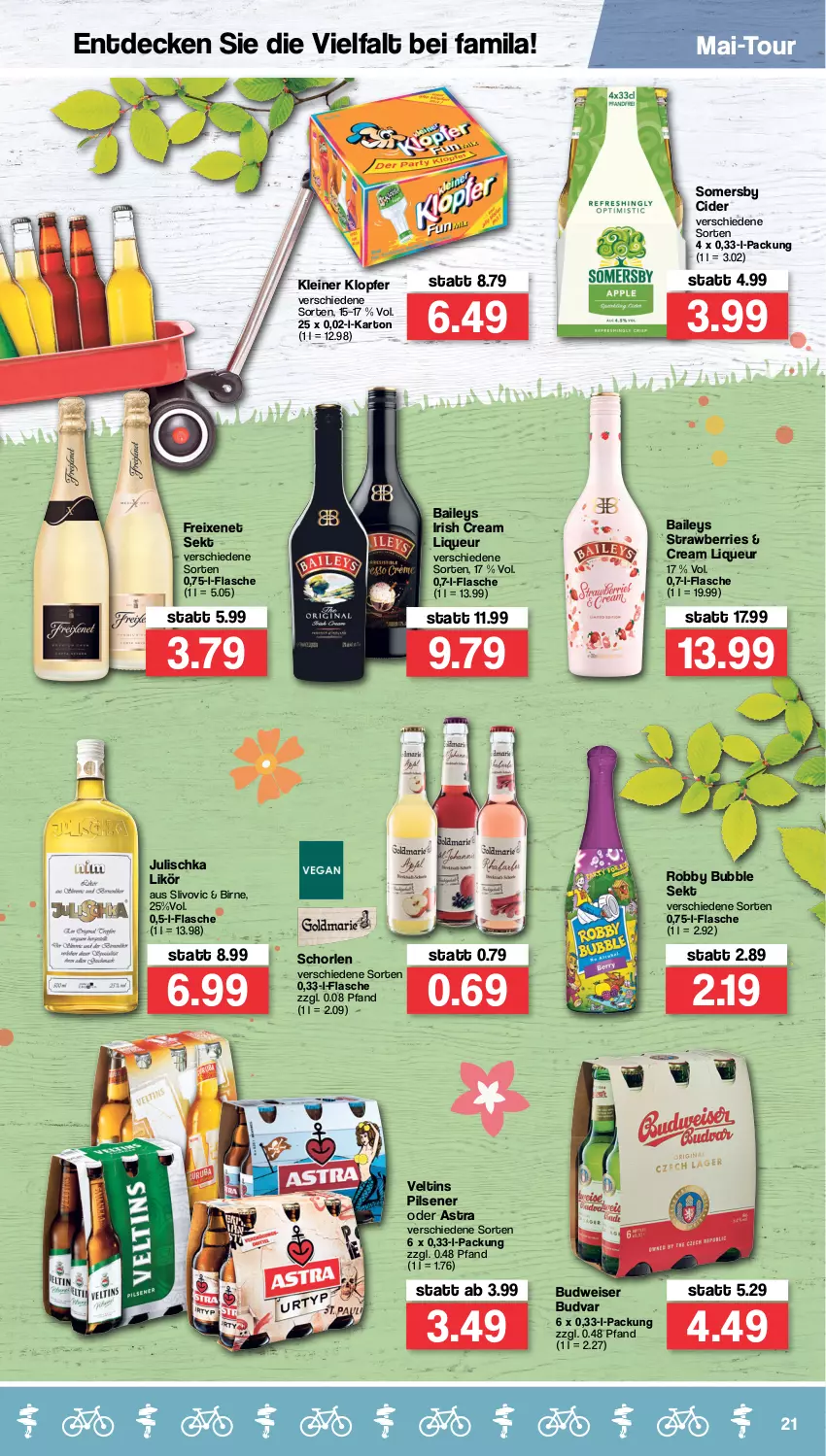 Aktueller Prospekt Famila - Prospekte - von 25.04 bis 30.04.2022 - strona 21 - produkty: Astra, baileys, budweiser, cider, decke, eis, flasche, freixenet, irish cream, Julischka, kleiner klopfer, leine, likör, liqueur, pils, pilsener, robby, schorle, sekt, somersby, Ti, veltins, veltins pilsener