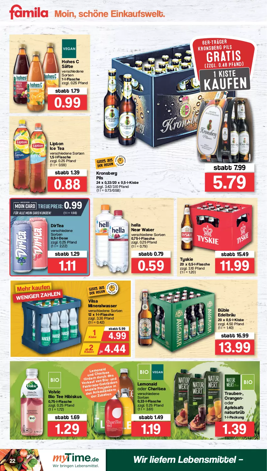 Aktueller Prospekt Famila - Prospekte - von 25.04 bis 30.04.2022 - strona 22 - produkty: Alwa, apfel, apfelsaft, bio, eis, flasche, hella, Hohes C, ice tea, lebensmittel, lipton, lipton ice tea, mineralwasser, natur, orange, orangen, pils, reis, saft, säfte, tee, Ti, trauben, tyskie, vilsa, volvic, wasser