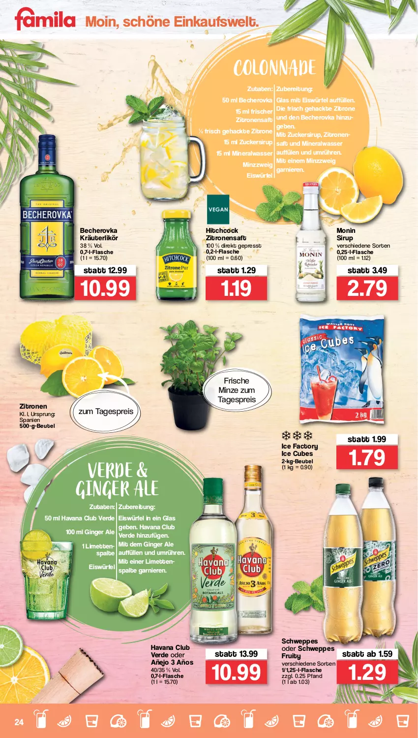 Aktueller Prospekt Famila - Prospekte - von 25.04 bis 30.04.2022 - strona 24 - produkty: Alwa, Becher, Becherovka, beutel, eis, eiswürfel, erde, flasche, garnier, gin, ginger, ginger ale, Havana Club, hero, kräuter, kräuterlikör, likör, limette, limetten, Mett, metten, mineralwasser, minze, monin, reis, saft, schweppes, sirup, wasser, würfel, zitrone, zitronen, zitronensaft, zucker