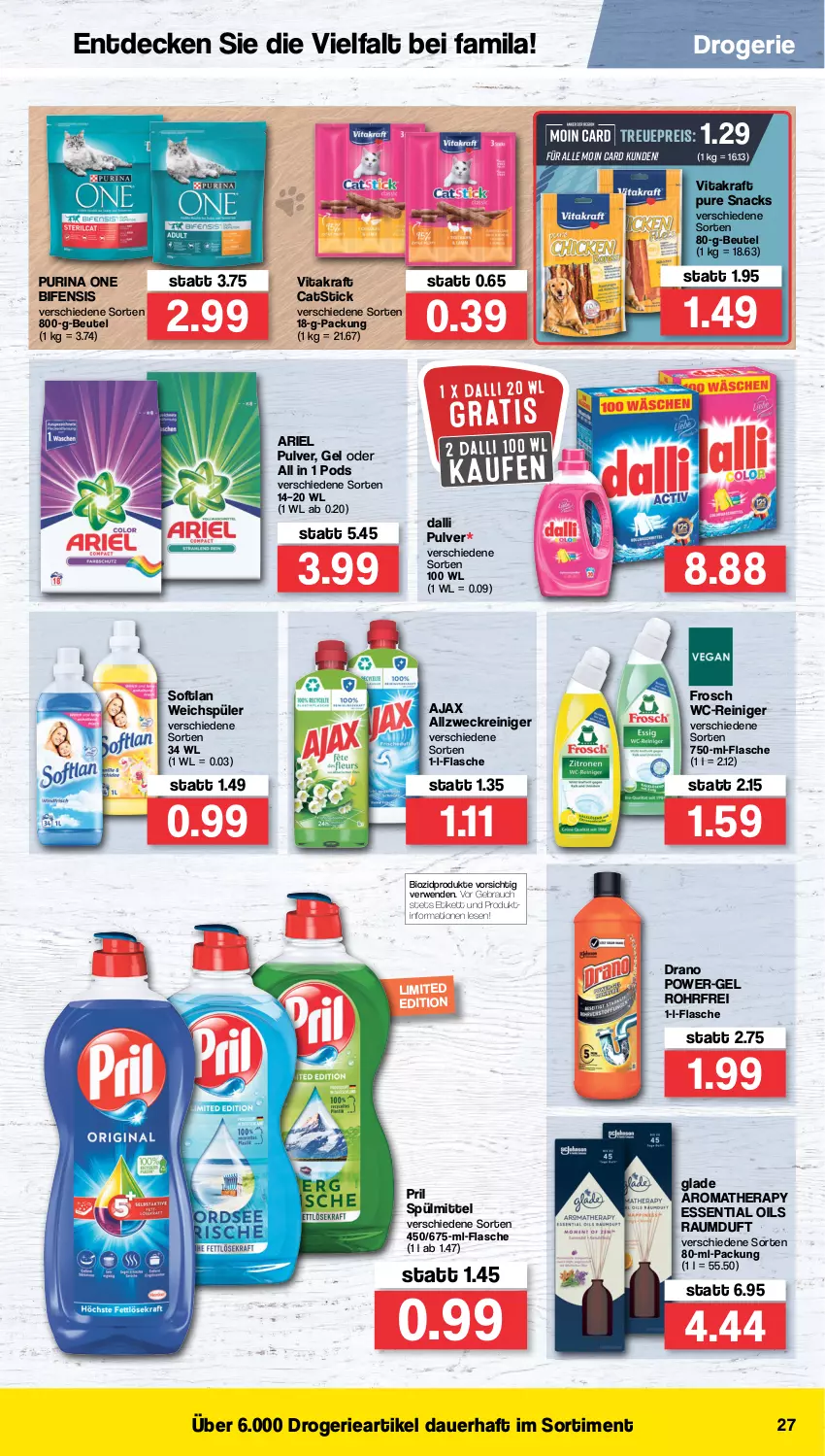 Aktueller Prospekt Famila - Prospekte - von 25.04 bis 30.04.2022 - strona 27 - produkty: ajax, allzweckreiniger, ariel, auer, beutel, bio, biozidprodukte, dalli, decke, eis, flasche, Frosch, Glade, kraft, Pods, power-gel, pril, purina, Rauch, Raumduft, reiniger, reis, rwe, snack, snacks, Softlan, spülmittel, Ti, vita, vitakraft, wc-reiniger, weck, weichspüler