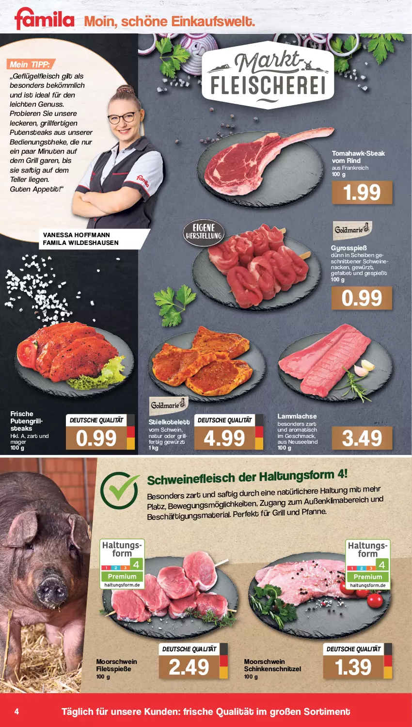 Aktueller Prospekt Famila - Prospekte - von 25.04 bis 30.04.2022 - strona 4 - produkty: bier, Biere, eis, Elan, elle, filet, filets, fleisch, Geflügel, gewürz, grill, grill und pfanne, gyros, kotelett, lachs, lamm, lammlachse, Liege, mab, mac, natur, nuss, pfanne, pute, putensteaks, Ria, rind, saft, schinken, schinkenschnitzel, schnitten, schnitzel, schwein, schweine, schweinefleisch, steak, steaks, teller, Ti, tisch, und pfanne, wein, weine, Wild