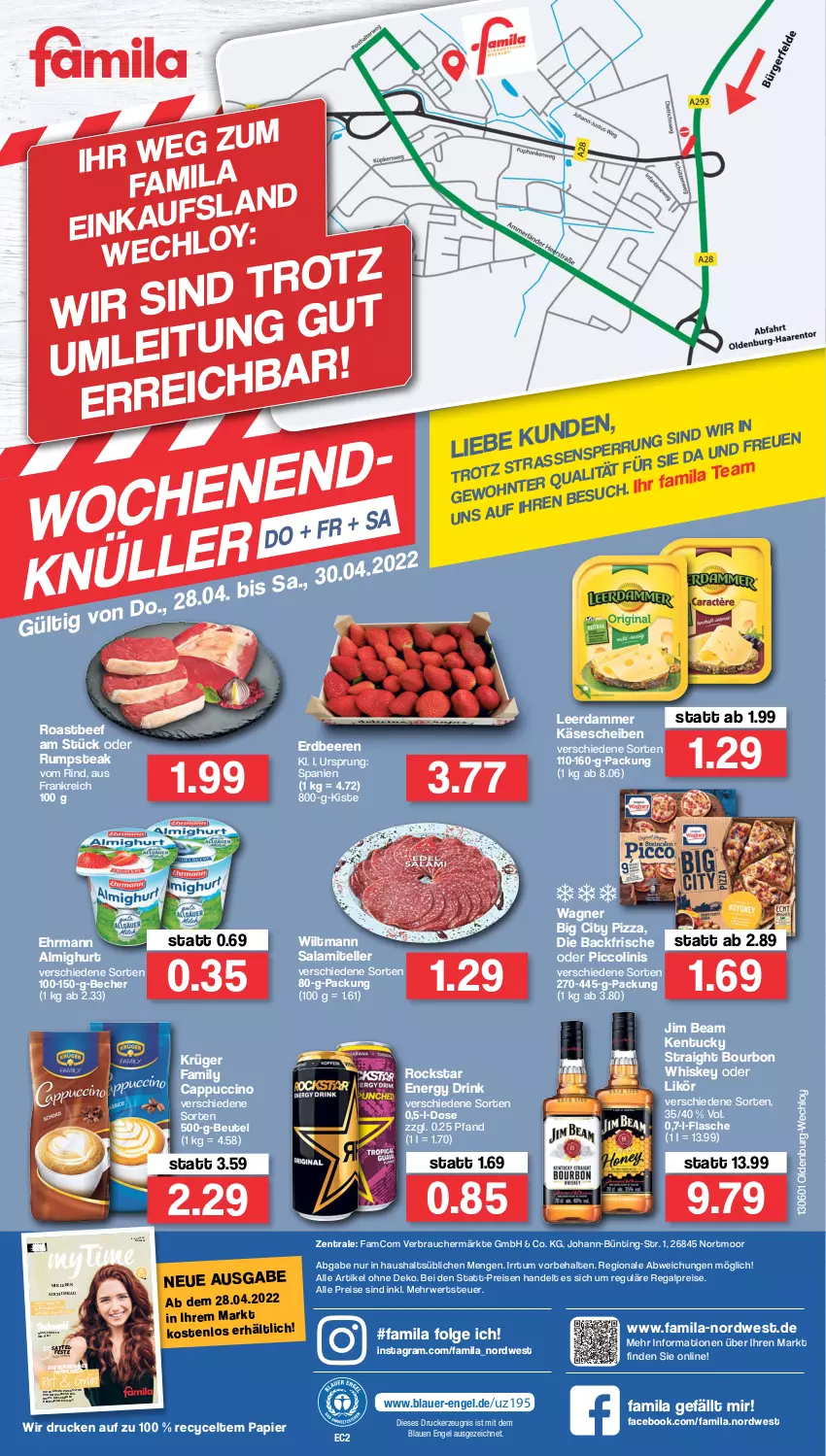 Aktueller Prospekt Famila - Prospekte - von 25.04 bis 30.04.2022 - strona 40 - produkty: almighur, almighurt, auer, Bad, Becher, beef, beere, beeren, beutel, bourbon, bourbon whiskey, Cap, cappuccino, cin, drink, drucker, ehrmann, ehrmann almighurt, eis, elle, energy drink, Engel, erdbeere, erdbeeren, flasche, jim beam, Käse, käsescheiben, kentucky straight, kerze, krüger, küche, leerdammer, LG, likör, natur, oder piccolinis, oder rumpsteak, papier, piccolinis, pizza, Rauch, regal, reis, rezept, rind, roastbeef, Rockstar, rum, rumpsteak, rwe, salami, sattel, steak, Tasche, taschen, teller, Ti, tuc, wagner, whiskey, wiltmann