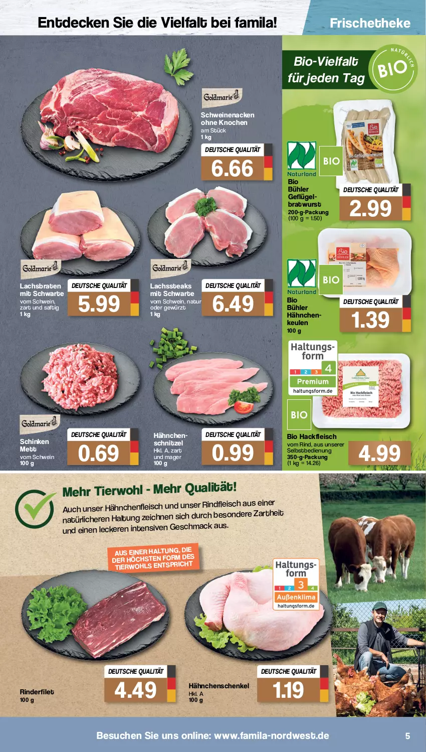 Aktueller Prospekt Famila - Prospekte - von 25.04 bis 30.04.2022 - strona 5 - produkty: bio, braten, bratwurst, decke, eis, filet, fleisch, Geflügel, gewürz, hackfleisch, Hähnchenfleisch, hähnchenschenkel, Hähnchenschnitzel, henkel, lachs, Lachsbraten, Mett, natur, rind, rinder, rinderfilet, rindfleisch, saft, schenkel, schinken, schnitzel, schwein, schweine, schweinenacken, steak, steaks, Ti, wein, weine, wurst