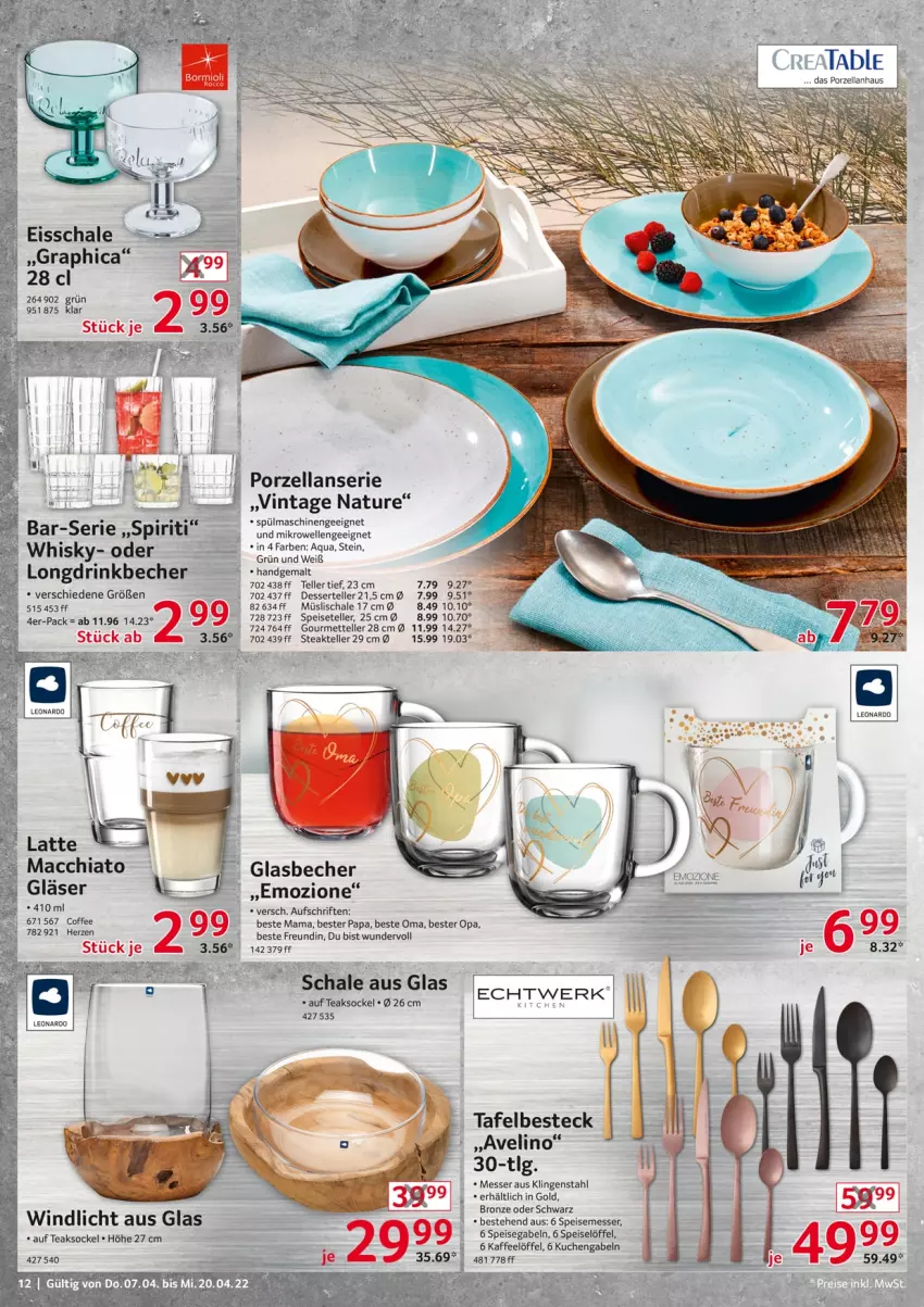 Aktueller Prospekt Selgros - Non Food - von 07.04 bis 20.04.2022 - strona 12 - produkty: ACC, aqua, Becher, besteck, chia, dessert, drink, eis, elle, gabel, Glasbecher, Gläser, kaffee, kuchen, latte, leonardo, Löffel, mac, macchiato, mam, messer, Mett, mikrowelle, müsli, Müslischale, natur, Schal, Schale, Speiseteller, spülmaschinen, steak, teller, Ti, whisky, windlicht