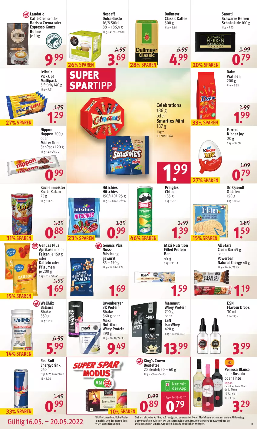 Aktueller Prospekt Rossmann - Prospekte - von 16.05 bis 20.05.2022 - strona 12 - produkty: angebot, angebote, aprikose, aprikosen, asti, Berger, beutel, bohne, caffè crema, chips, daim, dallmayr, Datteln, dolce gusto, drink, eis, elle, espresso, Feigen, ferrero, gewürz, kaffee, kakao, Kinder, kuchen, kuchenmeister, leibniz, mam, Meister, natur, natura, Nescafé, nippon, nuss, Oblaten, oder espresso, pflaume, pflaumen, Pick Up!, pralinen, pringles, red bull, reis, ring, saro, sarotti, schoko, schokolade, shake, smarties, spartipp, tee, teller, Ti