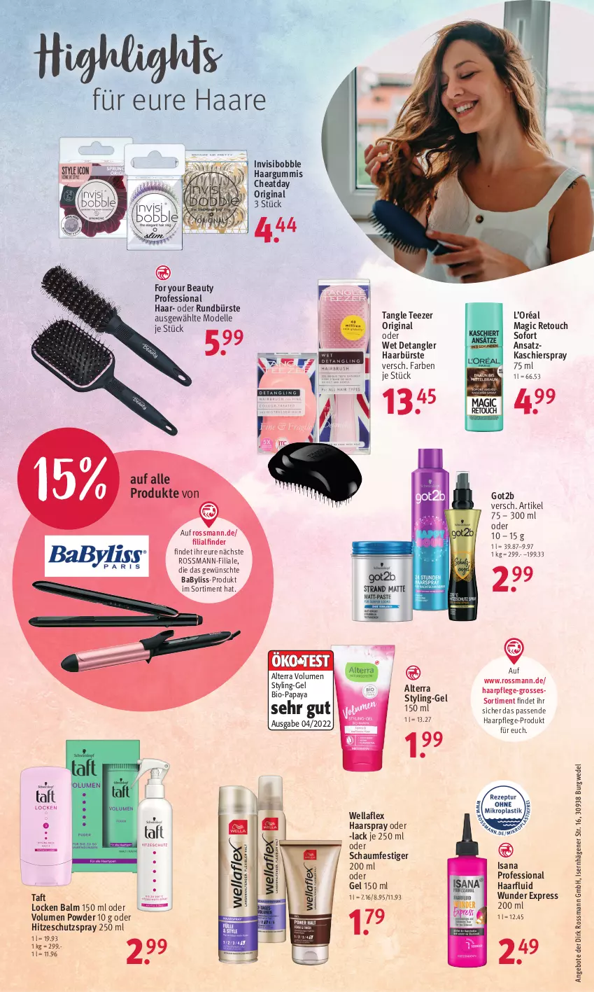 Aktueller Prospekt Rossmann - Prospekte - von 16.05 bis 20.05.2022 - strona 13 - produkty: alterra, angebot, angebote, BaByliss, bio, bürste, dell, elle, For Your Beauty, gin, got2b, haarpflege, haarspray, isana, lack, Mode, oder schaumfestiger, Papaya, Rundbürste, sana, schaumfestiger, Taft, Tangle Teezer, tee, Ti, wedel, Wella, wellaflex, Yo