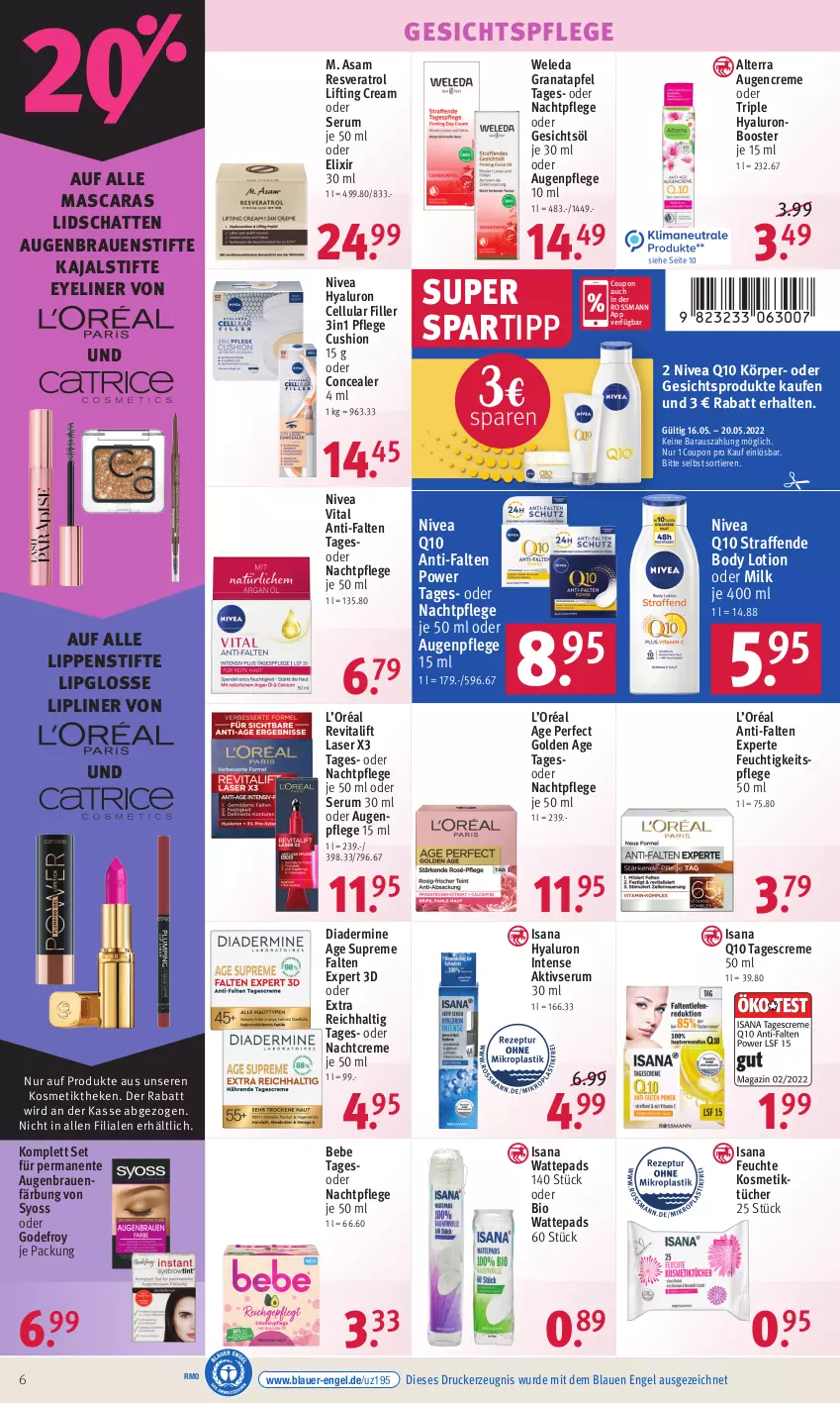 Aktueller Prospekt Rossmann - Prospekte - von 16.05 bis 20.05.2022 - strona 6 - produkty: alterra, anti-falten experte, apfel, auer, Augenpflege, Bebe, bio, body, body lotion, cellular filler, coupon, creme, Diadermine, drucker, Engel, ente, Eyeliner, feuchtigkeitspflege, Gesichtsöl, gesichtspflege, grana, granatapfel, hyaluron, isana, kerze, kosmetik, Kosmetiktücher, Lipgloss, Lippenstift, Lotion, Mascara, nachtcreme, nachtpflege, nivea, Q10, Rana, Revital, revitalift, rum, sana, Serum, spartipp, stifte, syoss, tagescreme, Ti, Tiere, tücher, vita, wattepads, weleda, Yo