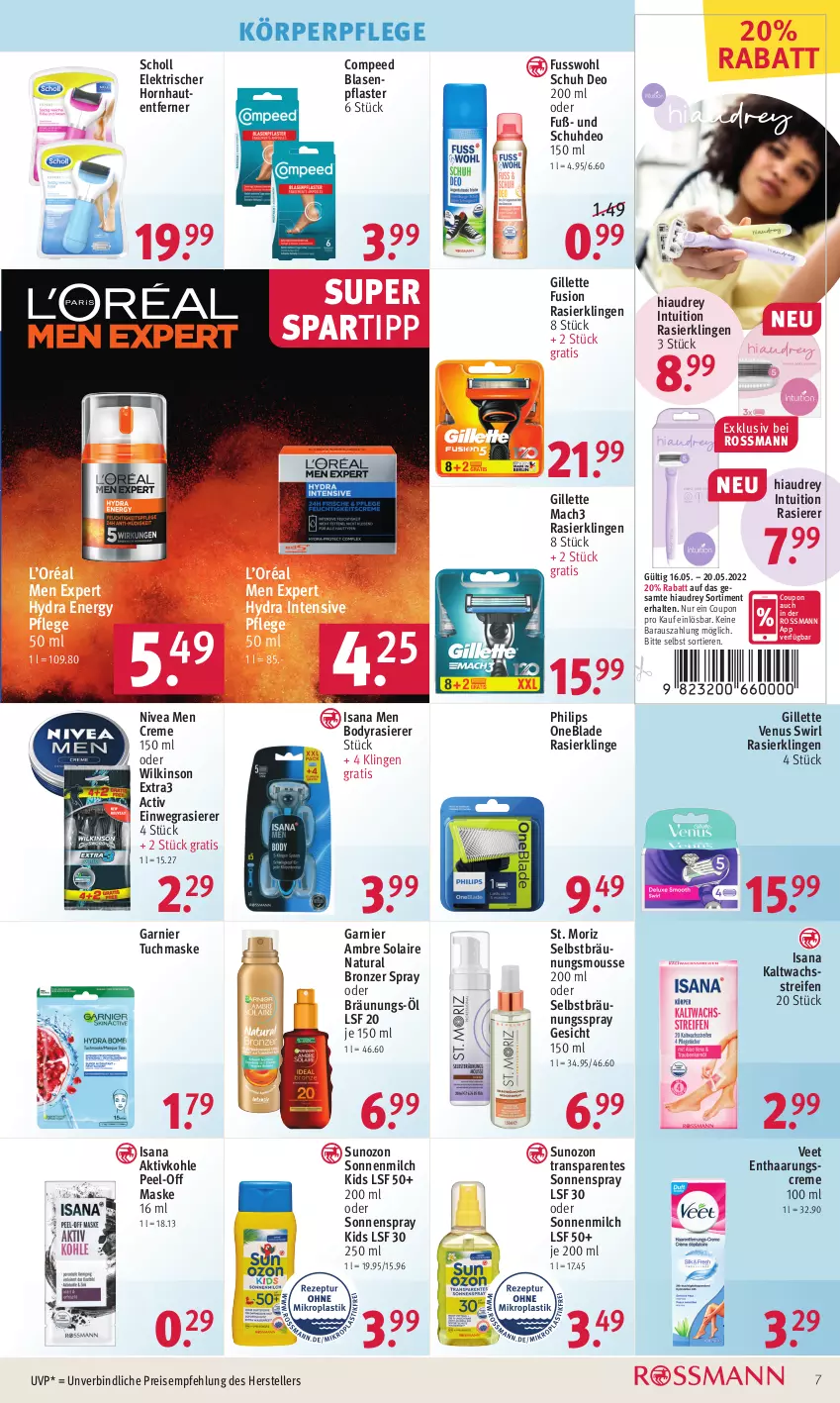 Aktueller Prospekt Rossmann - Prospekte - von 16.05 bis 20.05.2022 - strona 7 - produkty: Ambre Solaire, Blasenpflaster, body, Compeed, coupon, creme, deo, einwegrasierer, eis, elle, ente, Fusswohl, garnier, gillette, gillette venus, isana, kaltwachsstreifen, körperpflege, mac, mach3, Maske, milch, mousse, natur, natura, nivea, Nivea Men, pflaster, Philips, rasierer, Rasierklinge, rasierklingen, reifen, reis, sana, scholl, sonnenmilch, sonnenspray, spartipp, swirl, teller, Ti, Tiere, tuc, tuchmaske, uhd, veet, venus, wilkinson