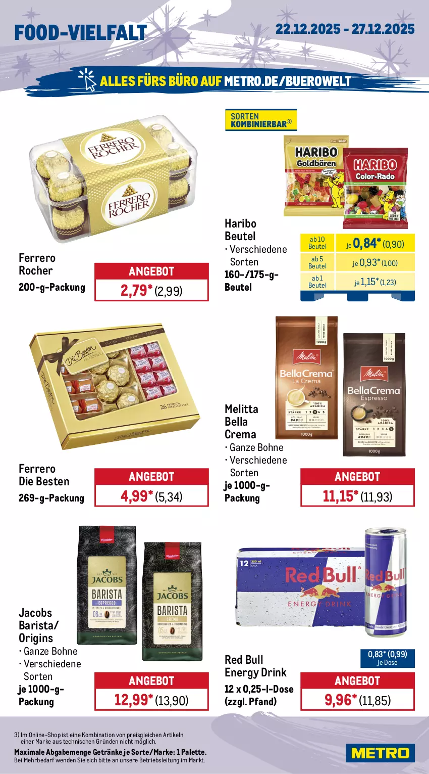 Aktueller Prospekt Metro - Wochen-Angebote - von 22.12 bis 27.12.2025 - strona 12 - produkty: angebot, bella crema, beutel, bohne, coca-cola, cola, coupon, drink, eis, energy drink, ferrero, Ferrero Rocher, flasche, getränk, getränke, gin, haribo, jacobs, melitta, Metro, Palette, Peroni, red bull, reis, Sierra, sierra tequila, Spaten, tequila, Ti