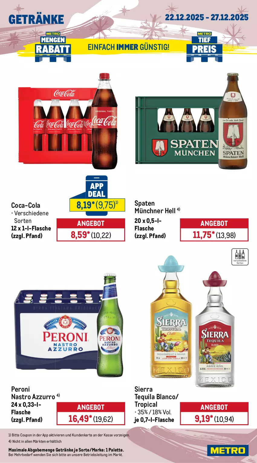 Aktueller Prospekt Metro - Wochen-Angebote - von 22.12 bis 27.12.2025 - strona 13 - produkty: angebot, bella crema, beutel, bohne, coca-cola, cola, coupon, drink, eis, energy drink, ferrero, Ferrero Rocher, flasche, getränk, getränke, gin, haribo, jacobs, melitta, Metro, Palette, Peroni, red bull, reis, Sierra, sierra tequila, Spaten, tequila, Ti
