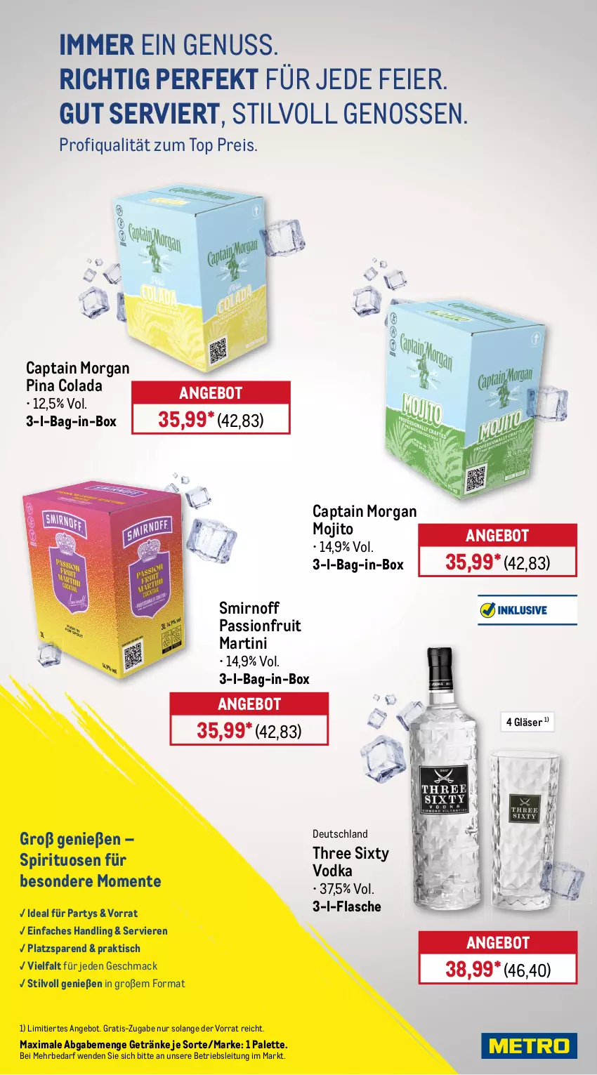 Aktueller Prospekt Metro - Wochen-Angebote - von 22.12 bis 27.12.2025 - strona 14 - produkty: angebot, asbach uralt, bacardi, bacardi rum, bag-in-box, bombay sapphire, bourbon, bourbon whiskey, Cap, captain morgan, cola, dry gin, eier, eis, ente, flasche, Germ, getränk, getränke, gin, gin mare, Gläser, jack daniel, jägermeister, kräuter, kräuterlikör, likör, london dry, london dry gin, mac, martini, Meister, mojito, nuss, Palette, reis, rum, sapphire, smirnoff, spirituosen, Three Sixty, Ti, tisch, vodka, whiskey