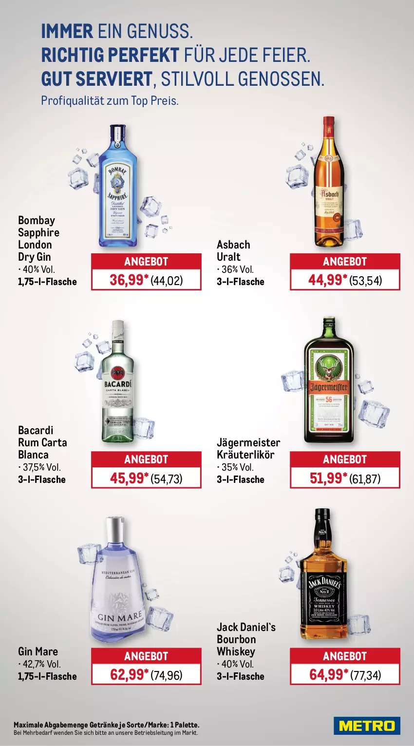 Aktueller Prospekt Metro - Wochen-Angebote - von 22.12 bis 27.12.2025 - strona 15 - produkty: angebot, asbach uralt, bacardi, bacardi rum, bag-in-box, bombay sapphire, bourbon, bourbon whiskey, Cap, captain morgan, cola, dry gin, eier, eis, ente, flasche, Germ, getränk, getränke, gin, gin mare, Gläser, jack daniel, jägermeister, kräuter, kräuterlikör, likör, london dry, london dry gin, mac, martini, Meister, mojito, nuss, Palette, reis, rum, sapphire, smirnoff, spirituosen, Three Sixty, Ti, tisch, vodka, whiskey