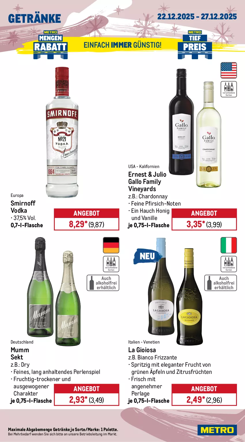 Aktueller Prospekt Metro - Wochen-Angebote - von 22.12 bis 27.12.2025 - strona 16 - produkty: angebot, aprikose, aprikosen, brut, champagne, champagner, chardonnay, coupon, eis, elle, ente, finesse, flasche, frizzante, frucht, früchte, früchten, gallo, gallo family, getränk, getränke, honig, La Gioiosa, Metro, metro gastro, mumm, nivea, orange, orangen, Palette, perla, perlen, pfirsich, reis, Ria, Schal, Schale, sekt, smirnoff, Ti, vanille, vodka, zitrone, zitronen