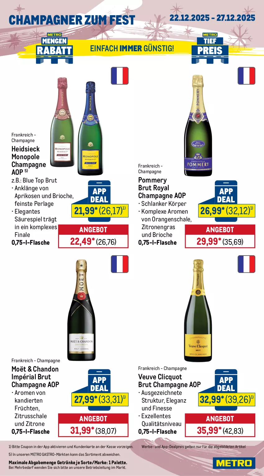 Aktueller Prospekt Metro - Wochen-Angebote - von 22.12 bis 27.12.2025 - strona 17 - produkty: angebot, aprikose, aprikosen, brut, champagne, champagner, chardonnay, coupon, eis, elle, ente, finesse, flasche, frizzante, frucht, früchte, früchten, gallo, gallo family, getränk, getränke, honig, La Gioiosa, Metro, metro gastro, mumm, nivea, orange, orangen, Palette, perla, perlen, pfirsich, reis, Ria, Schal, Schale, sekt, smirnoff, Ti, vanille, vodka, zitrone, zitronen