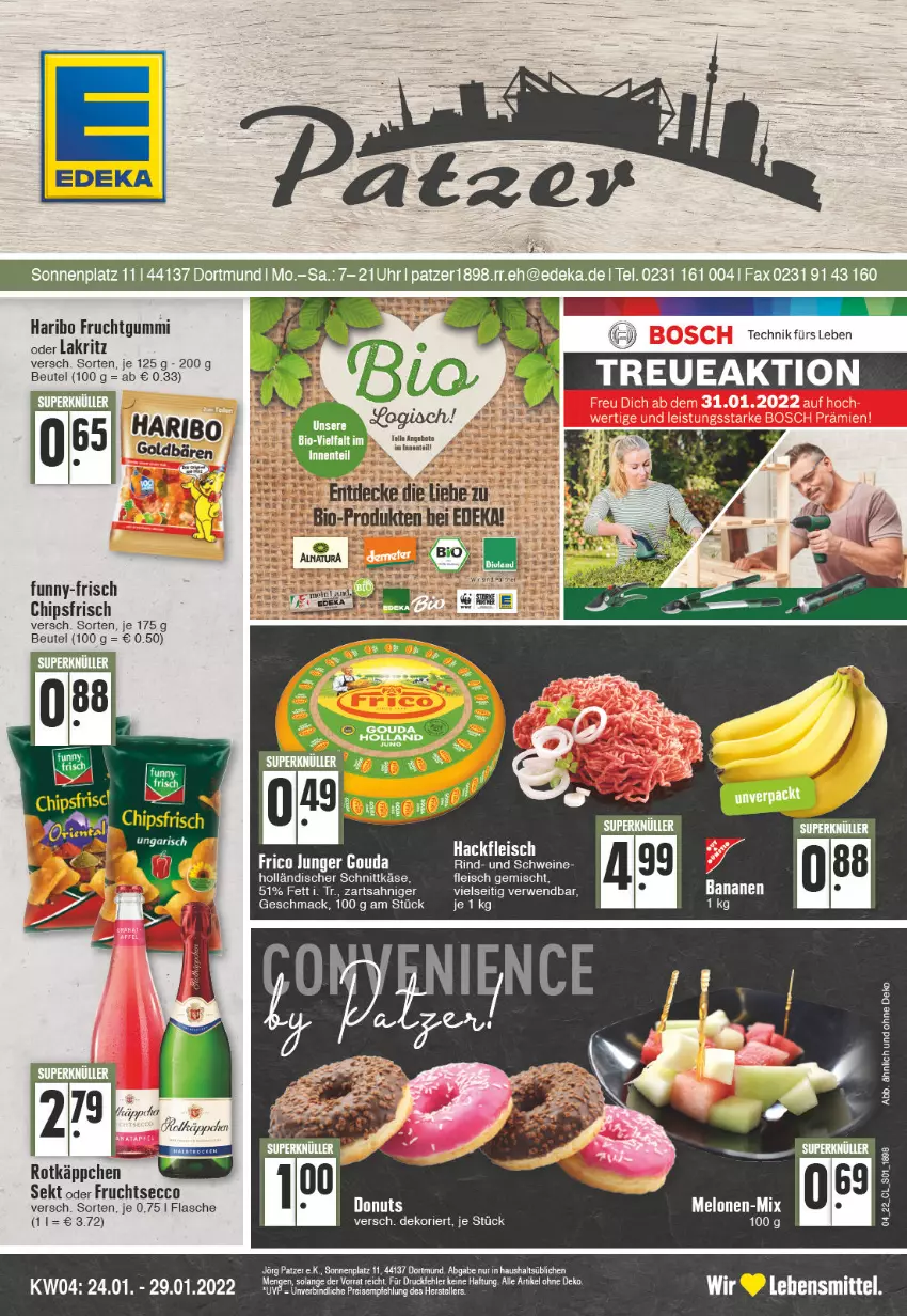 Aktueller Prospekt Edeka - Angebote der Woche - von 24.01 bis 29.01.2022 - strona 1 - produkty: banane, bananen, beutel, chips, chipsfrisch, deka, ecco, eis, flasche, fleisch, frico, frucht, fruchtgummi, fruchtsecco, funny-frisch, gouda, hackfleisch, haribo, holländischer schnittkäse, Käse, Lakritz, lebensmittel, mac, melone, melonen, oder lakritz, rotkäppchen, rwe, schnittkäse, sekt, Ti