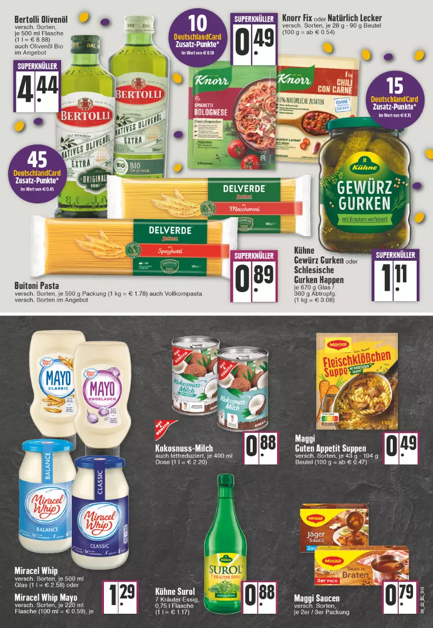 Aktueller Prospekt Edeka - Angebote der Woche - von 24.01 bis 29.01.2022 - strona 13 - produkty: angebot, bertolli, beutel, bio, bolognese, buitoni, buitoni pasta, chili, erde, essig, flasche, gewürz, gurke, gurken, knorr, knorr fix, korn, kräuter, Kräuter Essig, maggi, miracel, miracel whip, olive, oliven, olivenöl, pasta, sauce, saucen, spaghetti, suppe, suppen, Ti, Yo