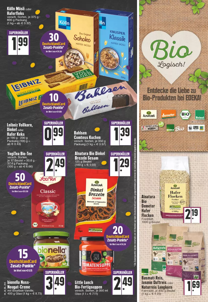 Aktueller Prospekt Edeka - Angebote der Woche - von 24.01 bis 29.01.2022 - strona 14 - produkty: bahlsen, beutel, bio, bourbon, brezel, Brezeln, brot, comtess, comtess kuchen, eis, erde, hafer, haferfleks, kölln, korn, kuchen, müsli, natur, natura, nuss, reis, sesam, suppe, suppen, Ti, vanille