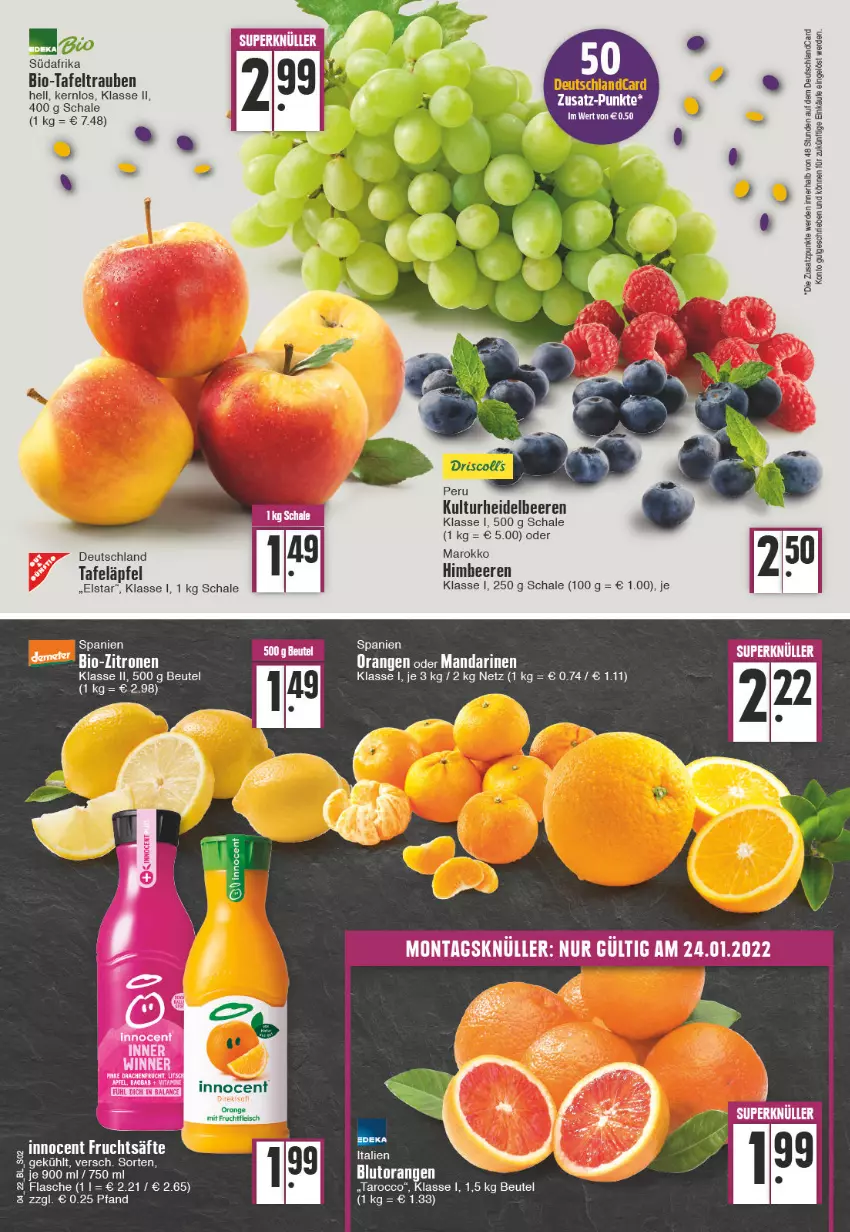 Aktueller Prospekt Edeka - Angebote der Woche - von 24.01 bis 29.01.2022 - strona 2 - produkty: beere, beeren, beutel, bio, Blutorange, eis, erde, flasche, fleisch, frucht, fruchtfleisch, heidelbeere, heidelbeeren, himbeer, himbeere, himbeeren, Innocent, mandarine, mandarinen, mit frucht, orange, orangen, Schal, Schale, tafeläpfel, tafeltrauben, Ti, trauben