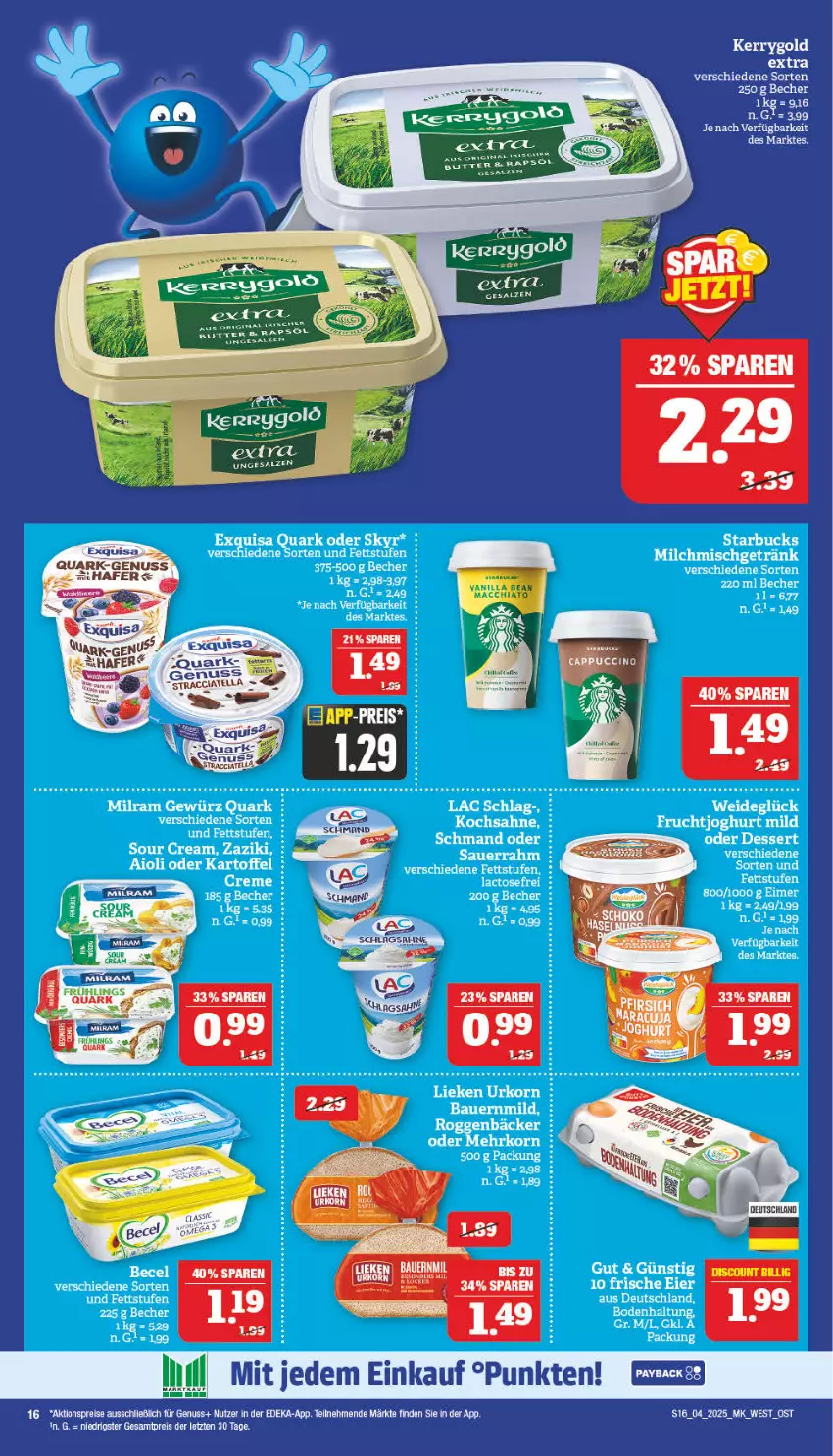 Aktueller Prospekt Marktkauf - Prospekt - von 19.01 bis 25.01.2025 - strona 16 - produkty: aioli, aktionspreis, auer, Bau, Bauer, Becher, bett, butter, deka, dessert, eier, eimer, eis, elle, ente, exquisa, frucht, fruchtjoghurt, getränk, gewürz, hafer, joghur, joghurt, joghurt mild, kartoffel, kerrygold, kerrygold extra, korn, lieken, milch, milram, nuss, payback, quark, reis, sahne, salz, Sauerrahm, schmand, Skyr, starbucks, tee, Ti, urkorn