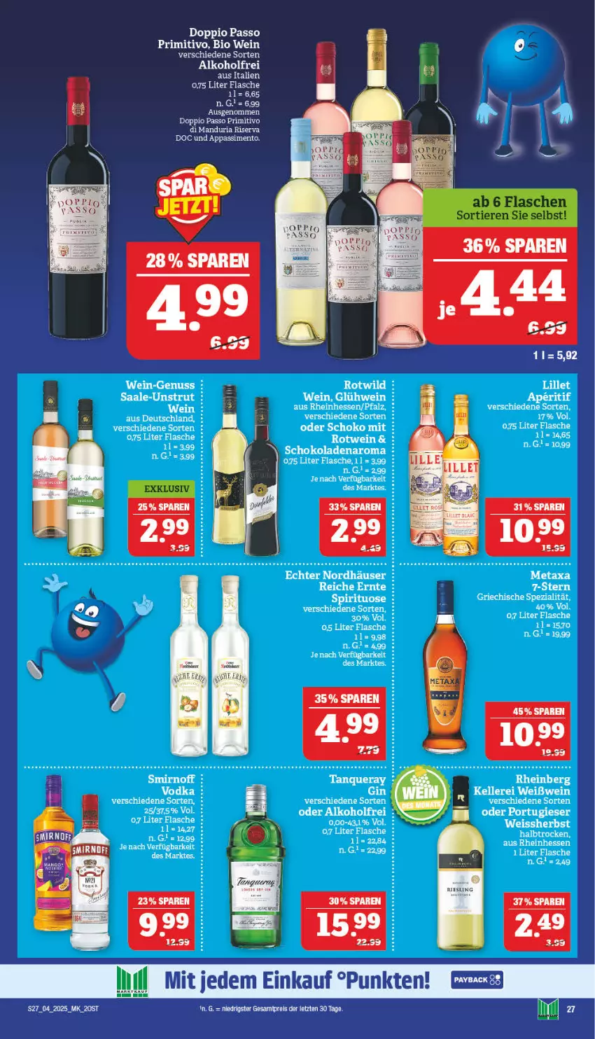 Aktueller Prospekt Marktkauf - Prospekt - von 19.01 bis 25.01.2025 - strona 27 - produkty: acer, alkohol, Bau, bett, bio, doppio passo, eis, elle, flasche, Glühwein, lillet, nuss, passo, pril, primitivo, rel, Ria, riesling, riserva, rotwein, schoko, schokolade, schokoladen, sim, smirnoff, Tanqueray, tee, Ti, Tiere, vodka, wein, Weißwein