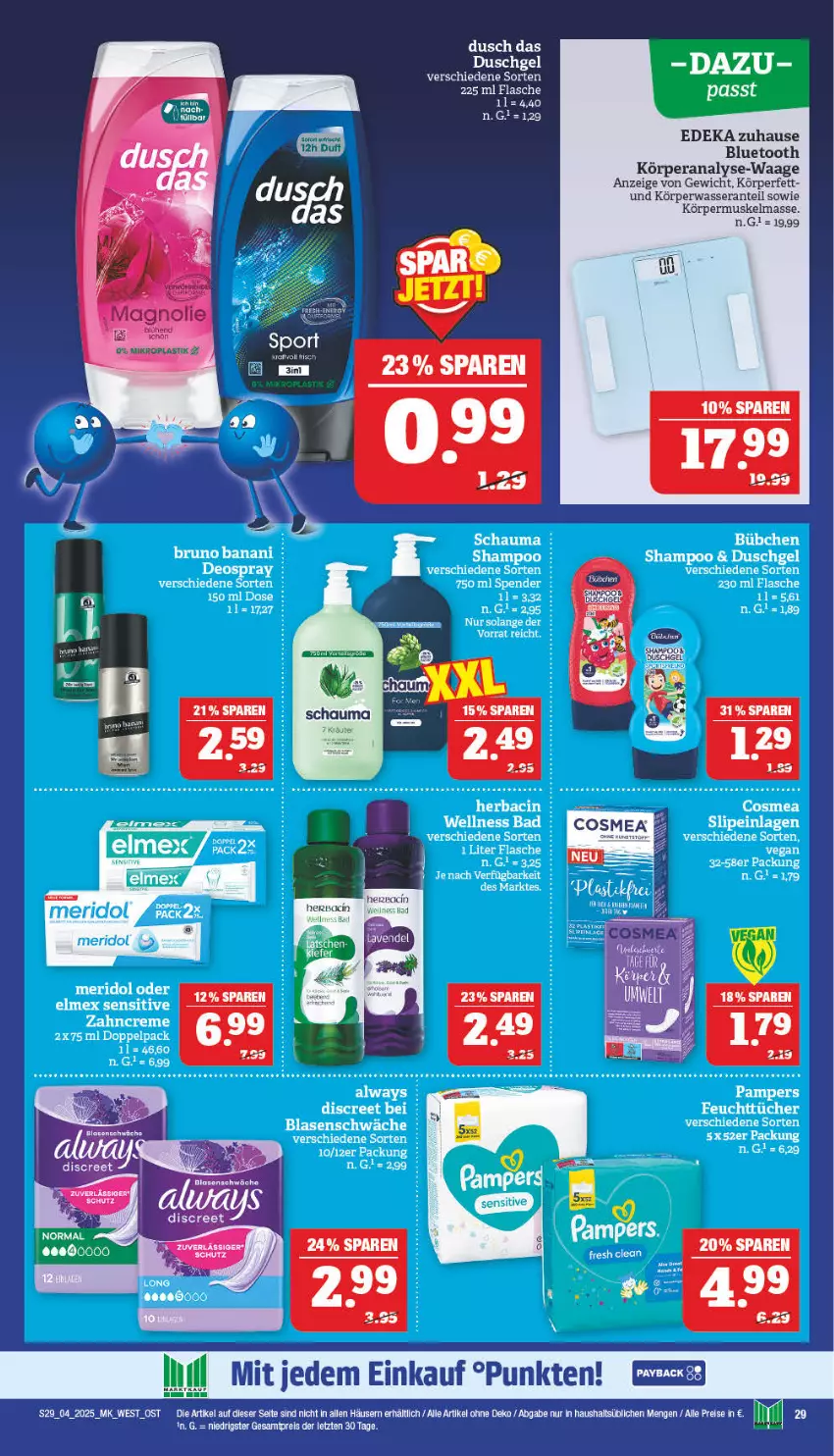 Aktueller Prospekt Marktkauf - Prospekt - von 19.01 bis 25.01.2025 - strona 29 - produkty: Alwa, Always, Bad, bruno banani, cin, creme, deka, deo, deospray, Discreet, duschgel, eier, eis, elmex, feuchttücher, flasche, meridol, pampers, payback, Rana, reis, rel, schauma, shampoo, Sport, tee, Ti, tücher, Waage, wasser, zahncreme