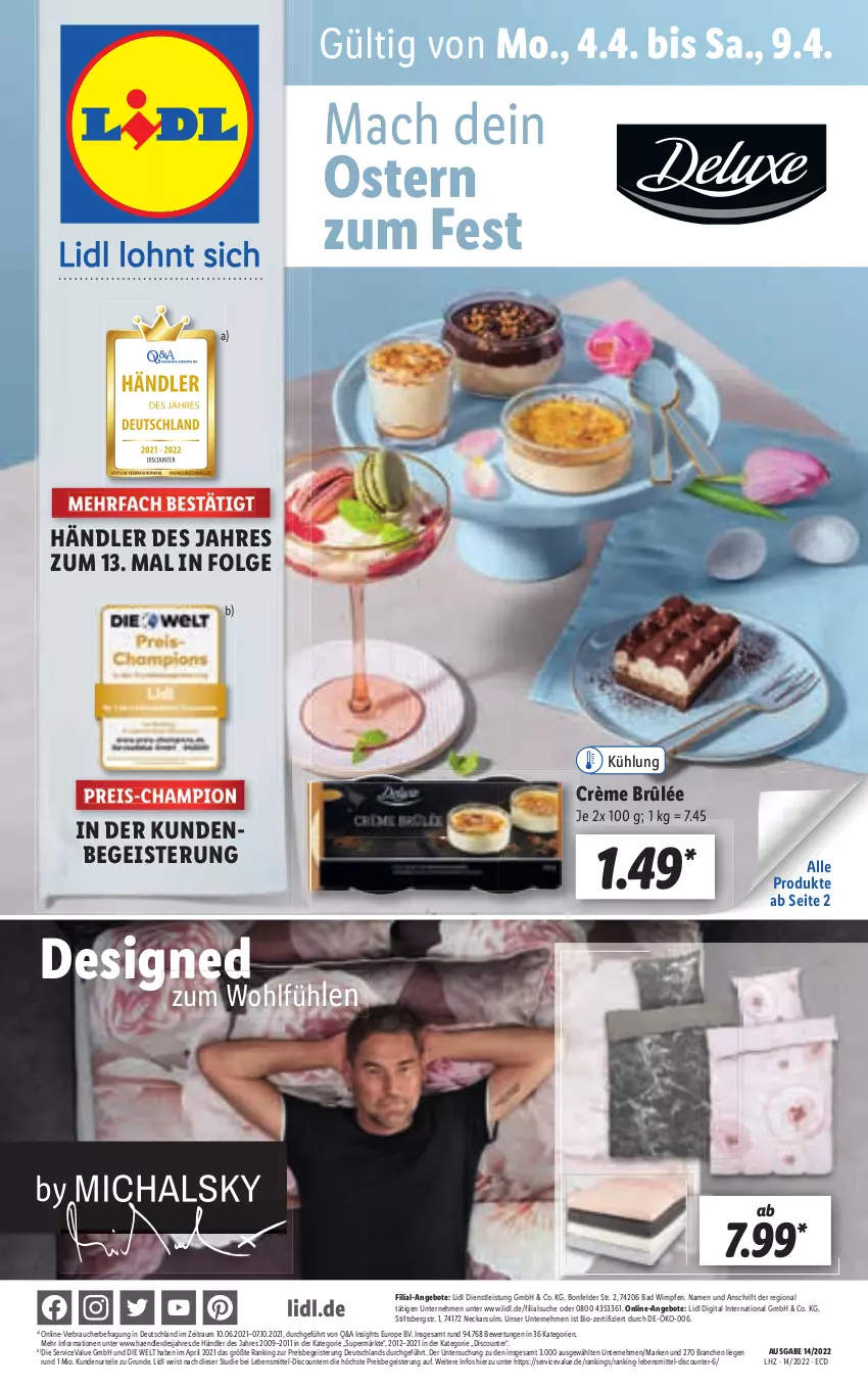 Aktueller Prospekt Lidl - Aktionsprospekt - von 04.04 bis 09.04.2022 - strona 1 - produkty: angebot, angebote, Bad, bio, champion, Crème Brûlée, discount, eis, erde, lebensmittel, LG, Liege, mac, pril, Rauch, reis, Ti