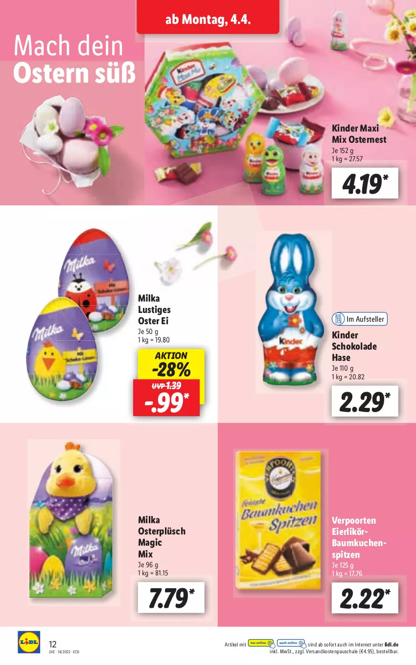 Aktueller Prospekt Lidl - Aktionsprospekt - von 04.04 bis 09.04.2022 - strona 12 - produkty: Bau, kuchen, Lusti, mac, milka, ndk, Plüsch, Schal, Schale, schoko, schokolade, Ti