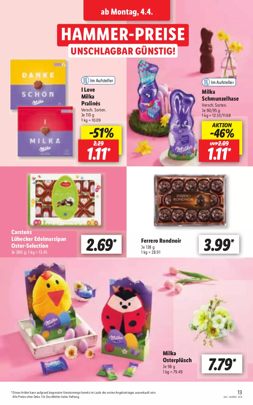 Aktueller Prospekt Lidl - Aktionsprospekt - von 04.04 bis 09.04.2022 - strona 13 - produkty: angebot, Cars, eis, ferrero, Lübecker, marzipan, milka, Plüsch, reis, Ti, ZTE