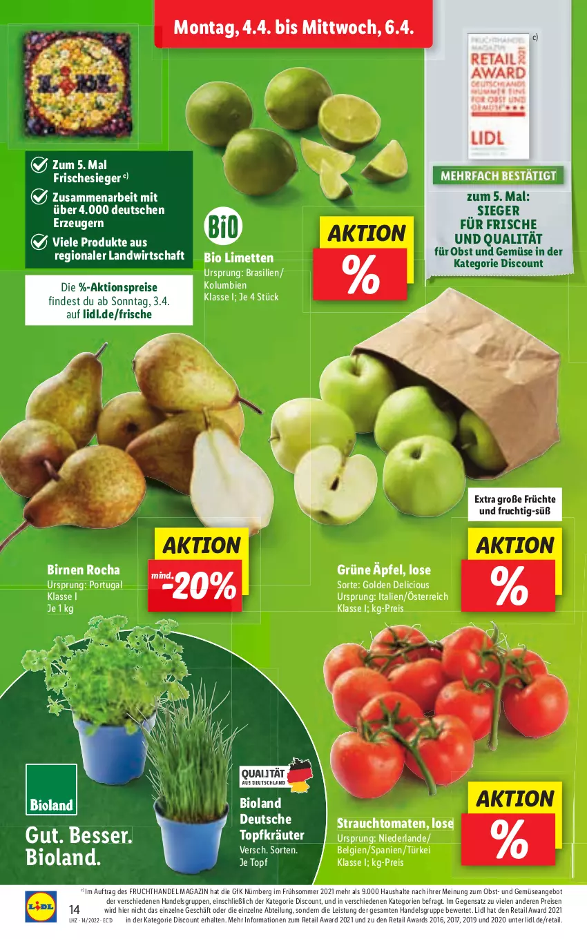 Aktueller Prospekt Lidl - Aktionsprospekt - von 04.04 bis 09.04.2022 - strona 14 - produkty: Abtei, angebot, bio, bioland, Birnen, discount, eis, LG, limette, limetten, magazin, Mett, metten, obst, reis, Ti, tomate, tomaten, und gemüse