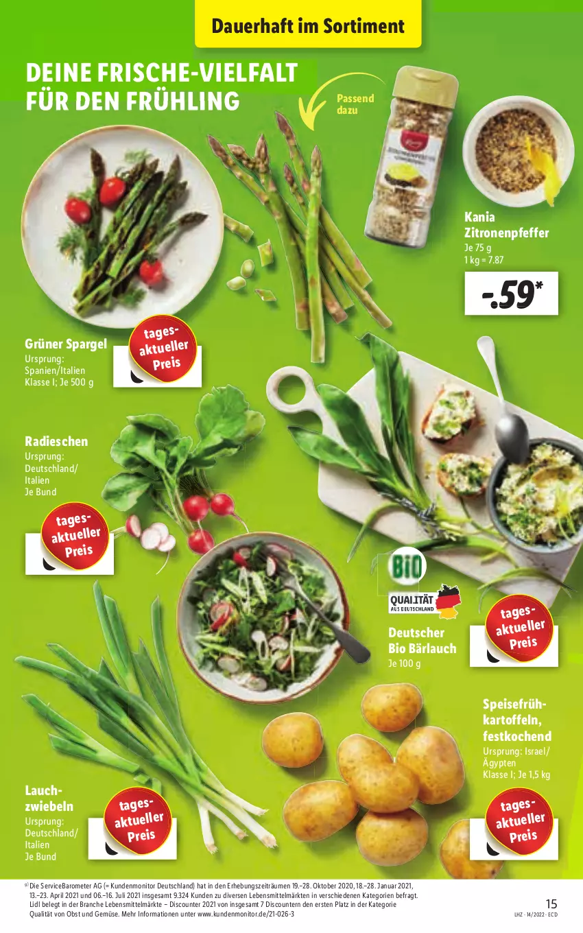 Aktueller Prospekt Lidl - Aktionsprospekt - von 04.04 bis 09.04.2022 - strona 15 - produkty: auer, bio, discount, eis, elle, lebensmittel, monitor, obst, Obst und Gemüse, pril, reis, Ti, und gemüse, zitrone, zitronen