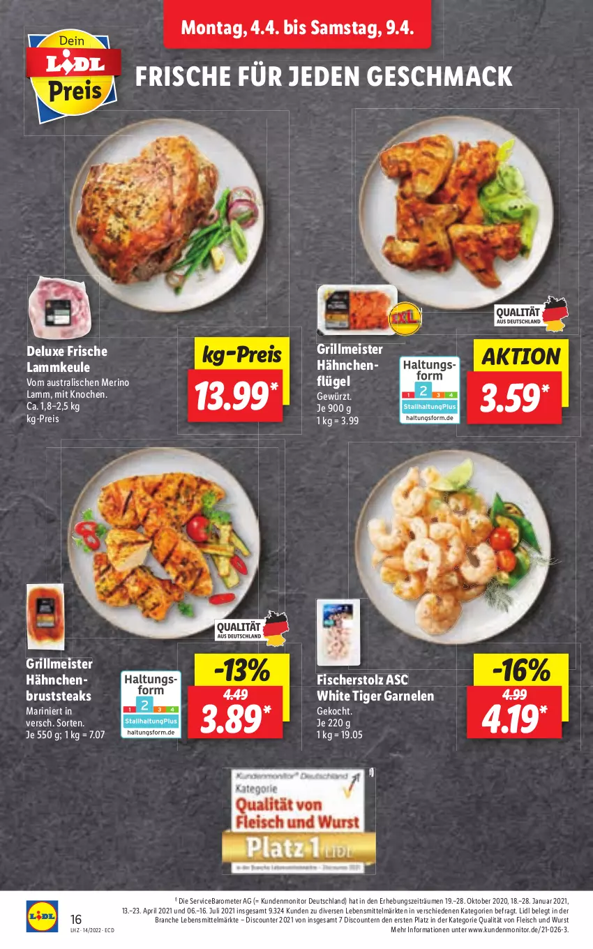 Aktueller Prospekt Lidl - Aktionsprospekt - von 04.04 bis 09.04.2022 - strona 16 - produkty: discount, eis, fisch, fische, Fischer, garnelen, grill, lamm, lammkeule, lebensmittel, mac, Meister, monitor, pril, reis, steak, steaks, Ti, wurst