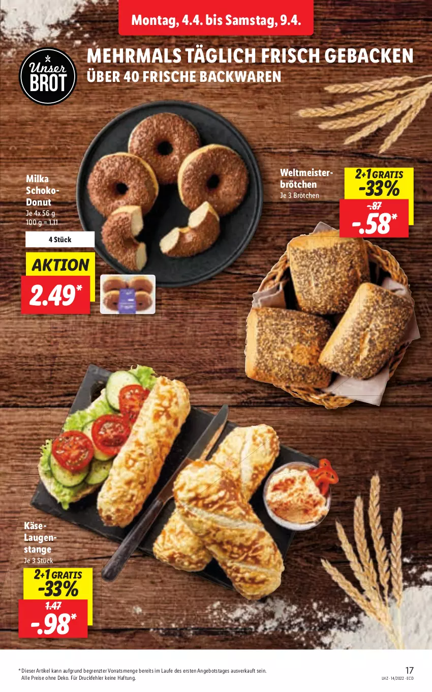 Aktueller Prospekt Lidl - Aktionsprospekt - von 04.04 bis 09.04.2022 - strona 17 - produkty: angebot, brot, Donut, eis, Laugenstange, Meister, milka, reis, schoko, Ti, ZTE