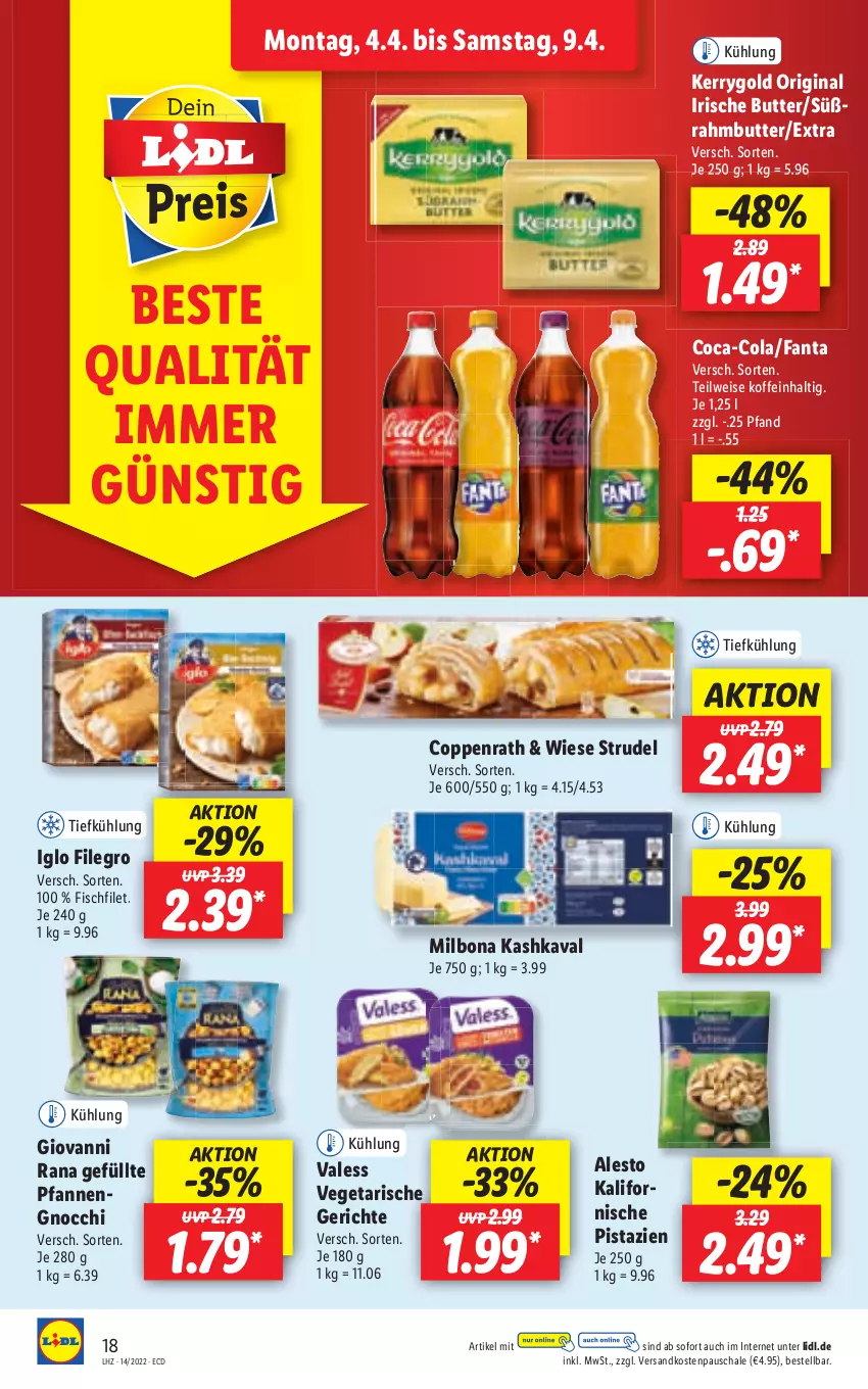 Aktueller Prospekt Lidl - Aktionsprospekt - von 04.04 bis 09.04.2022 - strona 18 - produkty: alesto, Bona, butter, coca-cola, cola, coppenrath, fanta, filegro, filet, gin, gnocchi, Milbona, ndk, Rana, Schal, Schale, Strudel, Ti