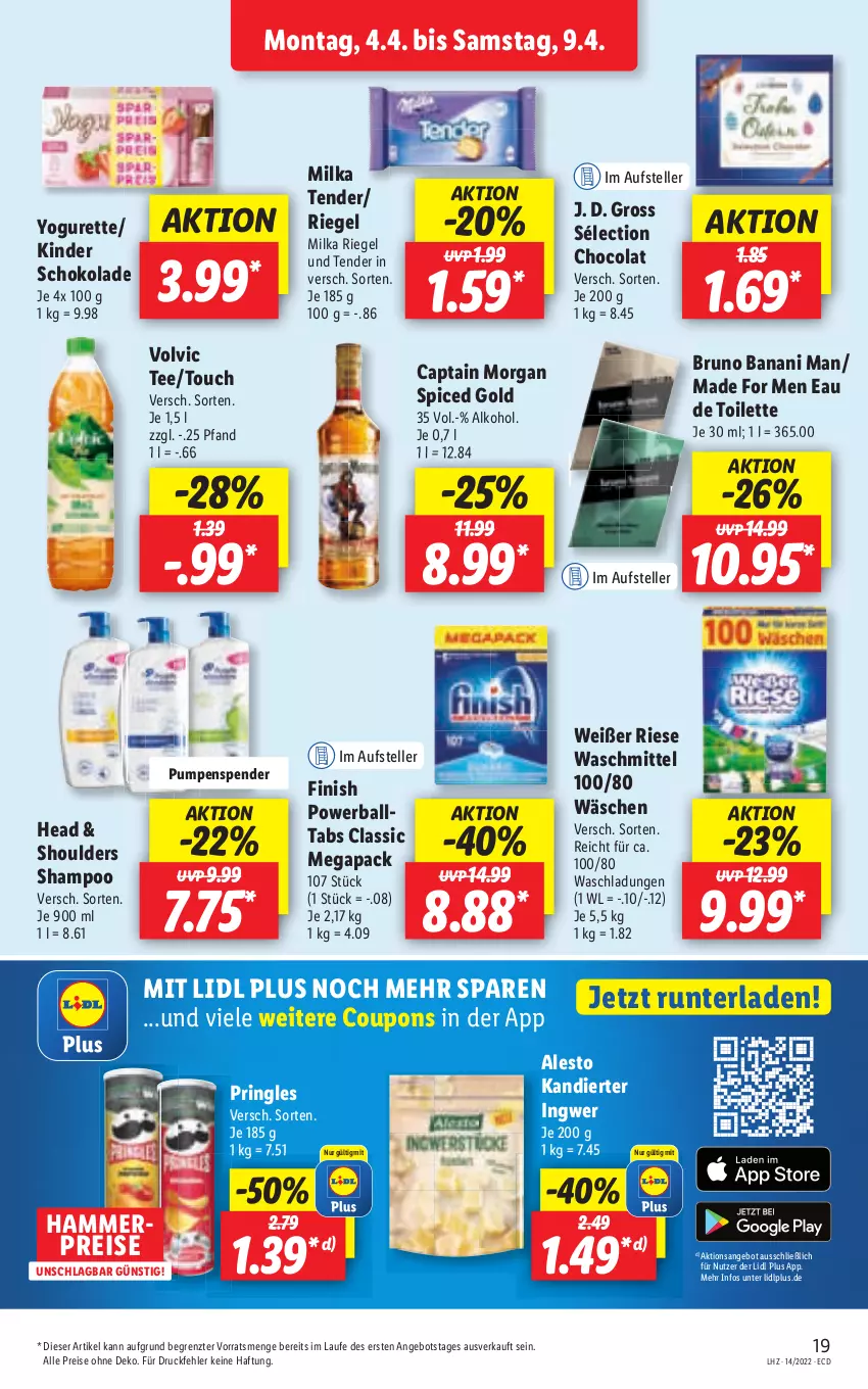 Aktueller Prospekt Lidl - Aktionsprospekt - von 04.04 bis 09.04.2022 - strona 19 - produkty: alesto, alkohol, angebot, ball, bruno banani, Cap, captain morgan, cola, coupon, coupons, eis, Finish, milka, reis, riegel, ring, schoko, schokolade, shampoo, tee, tender, Ti, waschmittel, ZTE