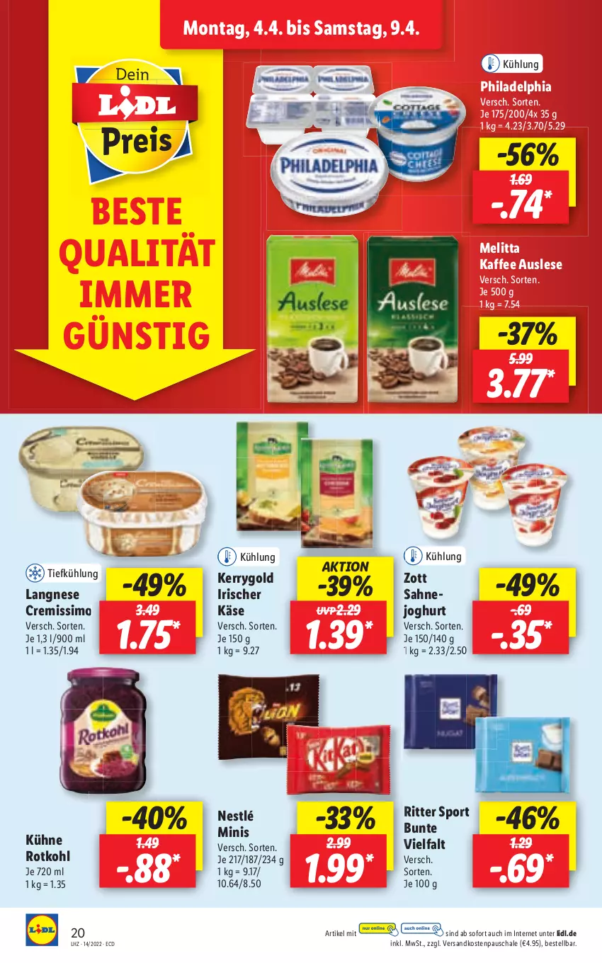 Aktueller Prospekt Lidl - Aktionsprospekt - von 04.04 bis 09.04.2022 - strona 20 - produkty: cremissimo, langnese, langnese cremissimo, melitta, ndk, ritter, ritter sport, rotkohl, sahne, Schal, Schale, sim, Sport, Ti