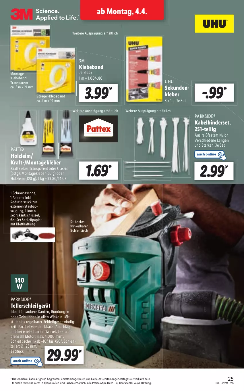 Aktueller Prospekt Lidl - Aktionsprospekt - von 04.04 bis 09.04.2022 - strona 25 - produkty: adapter, angebot, Beba, dell, eis, elle, Holz, Kabelbinderset, kleber, kraft, Mode, papier, Parkside, pattex, reis, Schleifpapier, spiegel, teller, Ti, tisch, uhu, ZTE