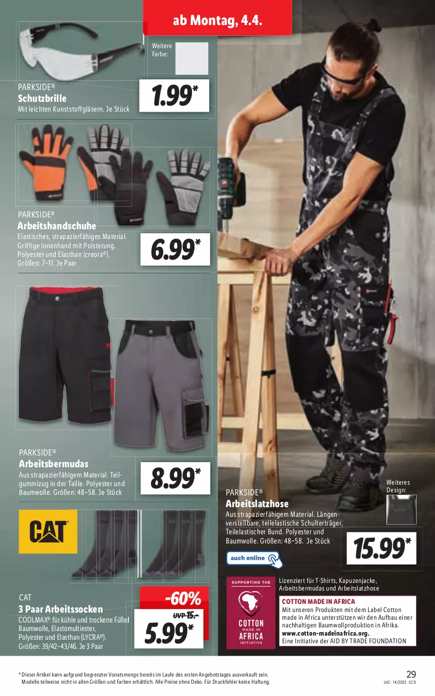 Aktueller Prospekt Lidl - Aktionsprospekt - von 04.04 bis 09.04.2022 - strona 29 - produkty: angebot, asti, Bau, baumwolle, bermuda, bermudas, Brille, dell, eis, elle, Gläser, hose, Jacke, Kapuzenjacke, Latzhose, LG, Mode, Parkside, reis, Ria, shirt, shirts, T-Shirt, Ti, tisch, wolle, ZTE