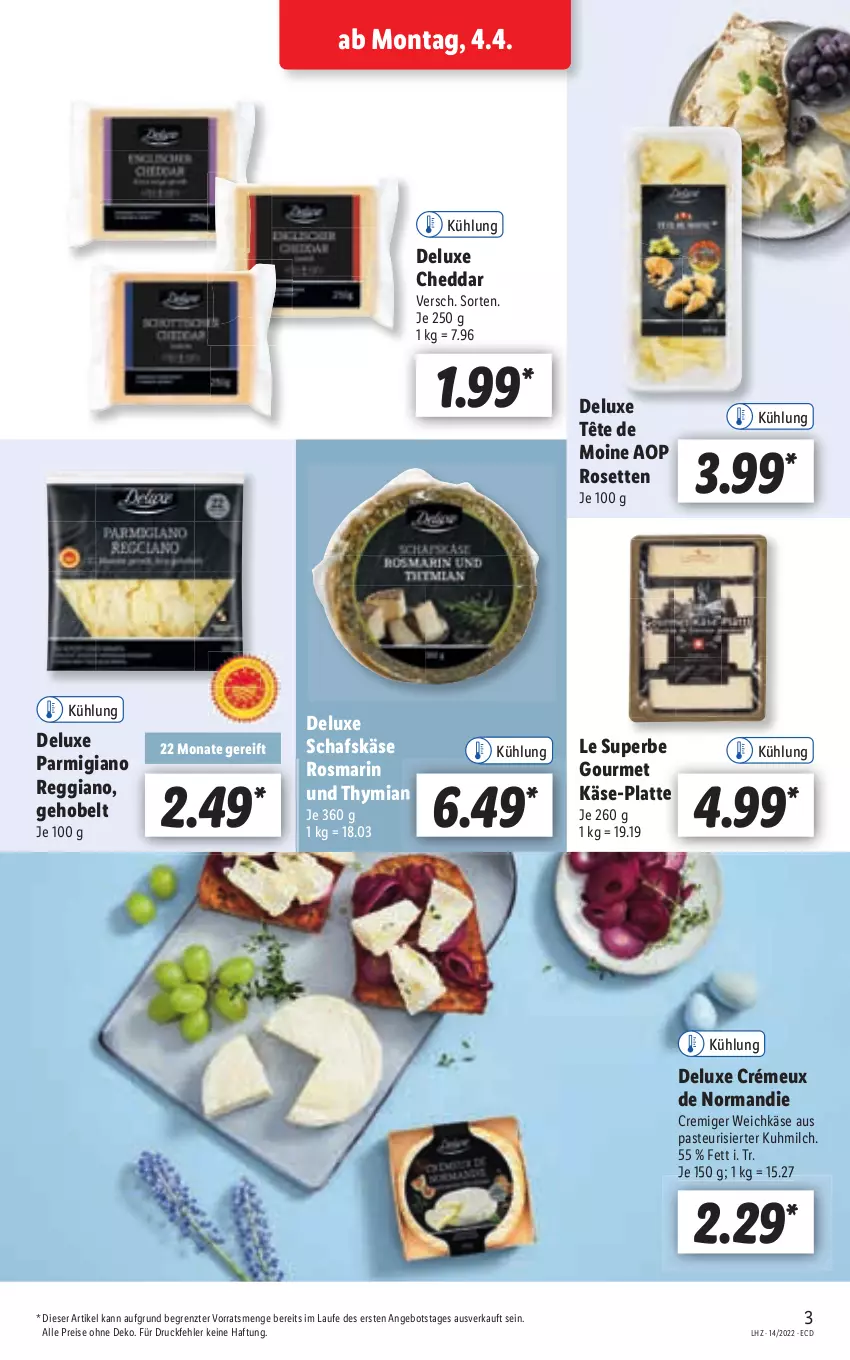 Aktueller Prospekt Lidl - Aktionsprospekt - von 04.04 bis 09.04.2022 - strona 3 - produkty: angebot, cheddar, eis, Käse, latte, milch, reggiano, reis, rosmarin, Ti, weichkäse, ZTE