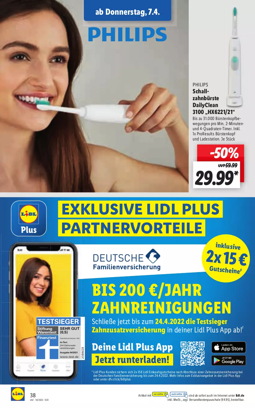 Aktueller Prospekt Lidl - Aktionsprospekt - von 04.04 bis 09.04.2022 - strona 38 - produkty: angebot, bürste, bürsten, gutschein, gutscheine, ndk, Philips, quad, Reinigung, Schal, Schale, schallzahnbürste, Ti, timer, zahnbürste