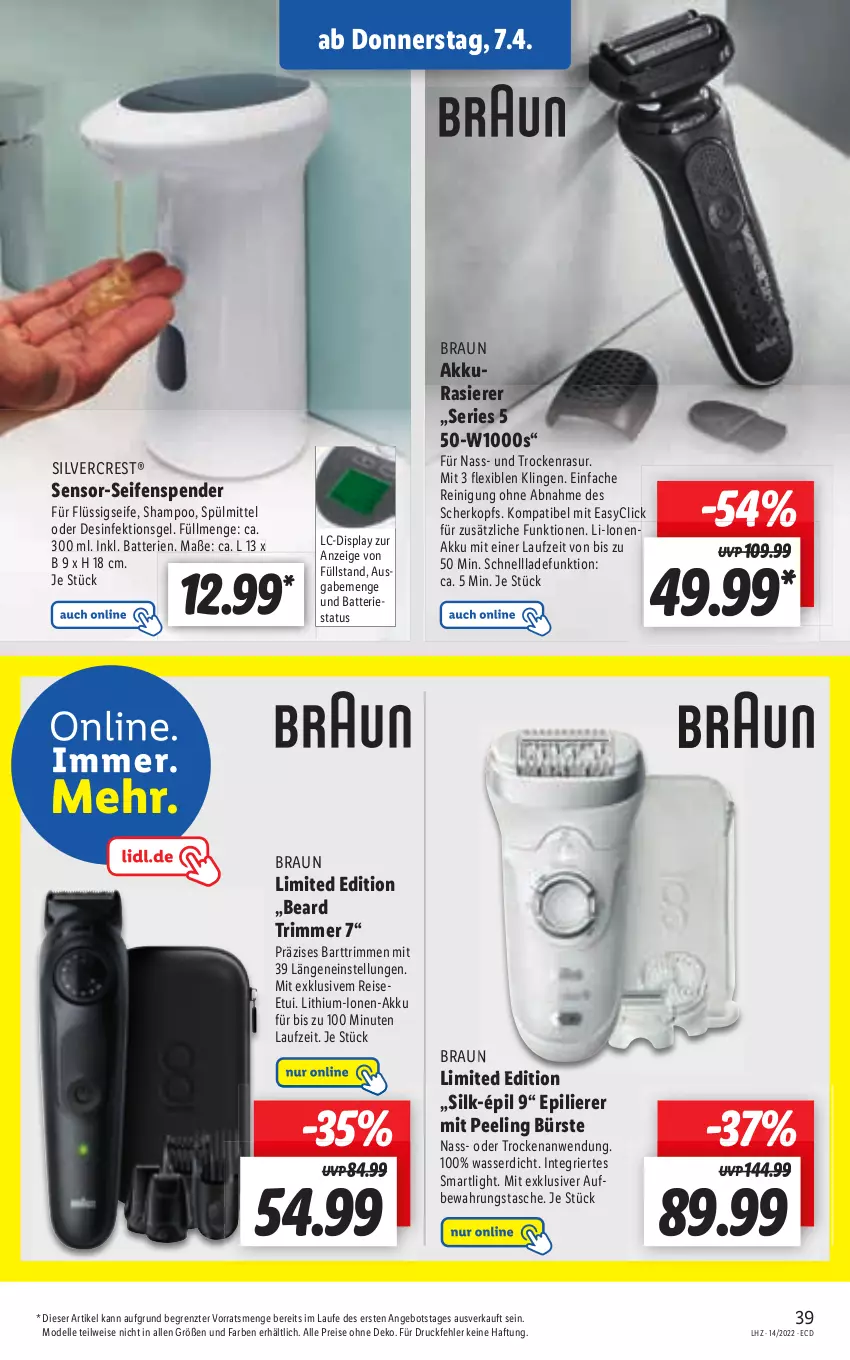 Aktueller Prospekt Lidl - Aktionsprospekt - von 04.04 bis 09.04.2022 - strona 39 - produkty: akku, akkurasierer, angebot, aufbewahrungstasche, batterie, batterien, braun, bürste, dell, Desinfektion, eis, elle, Mode, rasierer, Reinigung, reis, schnellladefunktion, Seife, seifenspender, shampoo, silvercrest, spülmittel, Tasche, Ti, wasser, ZTE